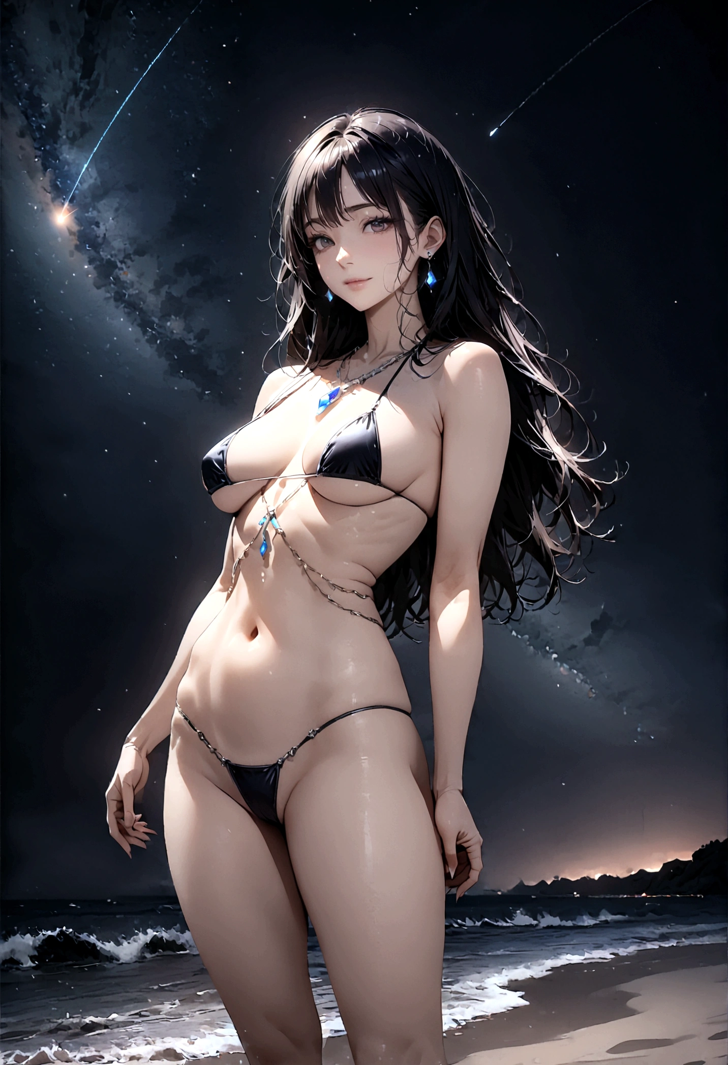 8k, masterpiece, RAW Photos, highest quality, Realistic, Very detailed, Depth of written boundary, Cinematic Light, Anatomically correct body,
One beautiful 40 year old woman, Very beautiful face, Exquisitely detailed face, (A calm and gentle face:1.4), Very delicate skin texture, Transparent muscle, Shiny white skin, Glamorous Body,
(Wavy black long hair:1.2), Sexy Breasts, Sexy ass,
(White micro bikini:1.2), (Detailed cloth texture:1.2), (Gorgeous jewel-studded body chain accessories:1.3), (Gorgeous necklace:1.1), (Gorgeous earrings:1.1),
(Dark starry background:1.4), (Milky Way:1.1), (milky way:1.1), (shooting star:1.1), (Dark coastline at night:1.4), (Pitch black sea surface:1.4),
(Standing on the beach:1.2),