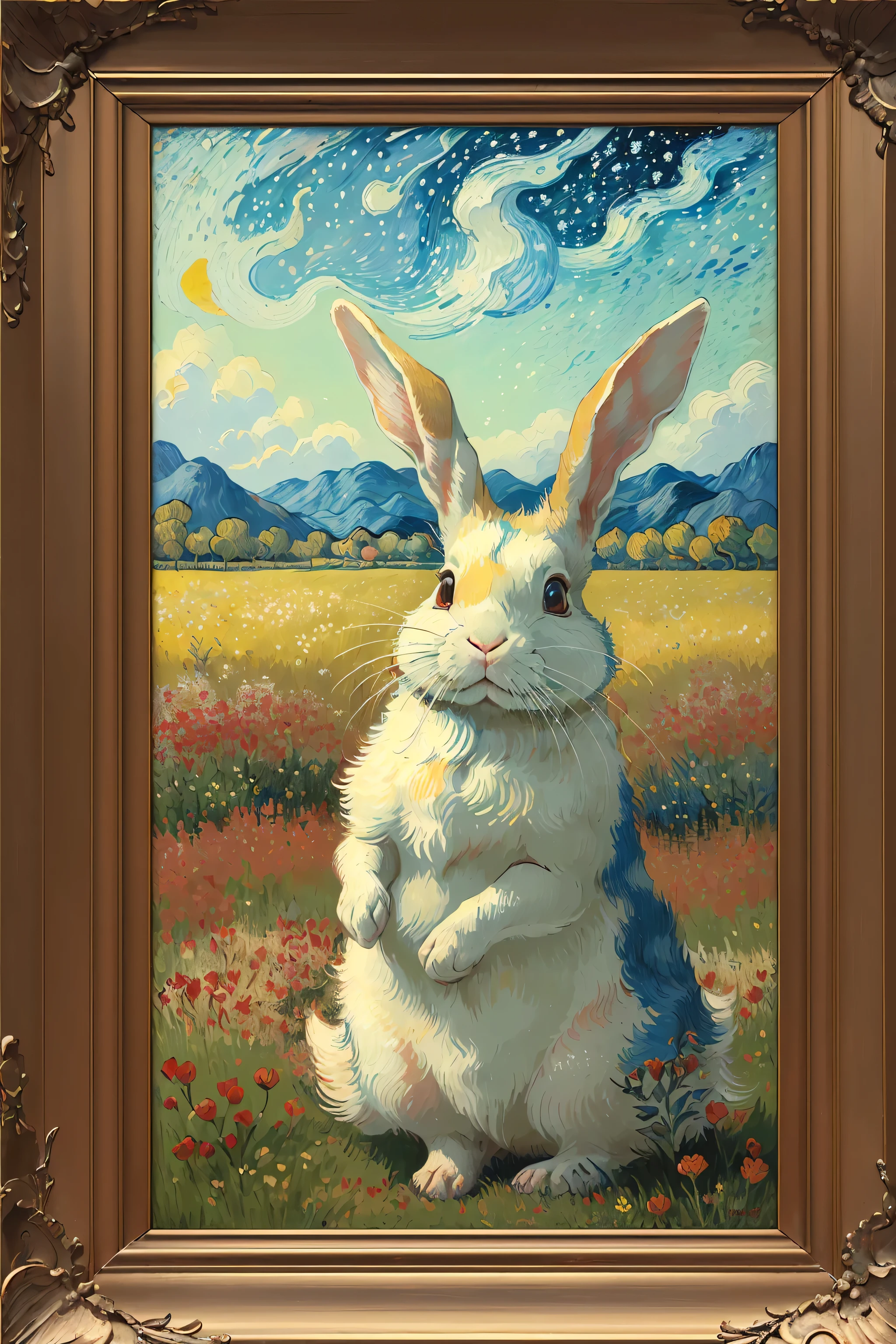 ((best quality)), ((masterpiece)), (detailed), intricate art, a little rabbit, open field, red flowers, distant vision, detailed painting style, Abstract, Vincent van Gogh