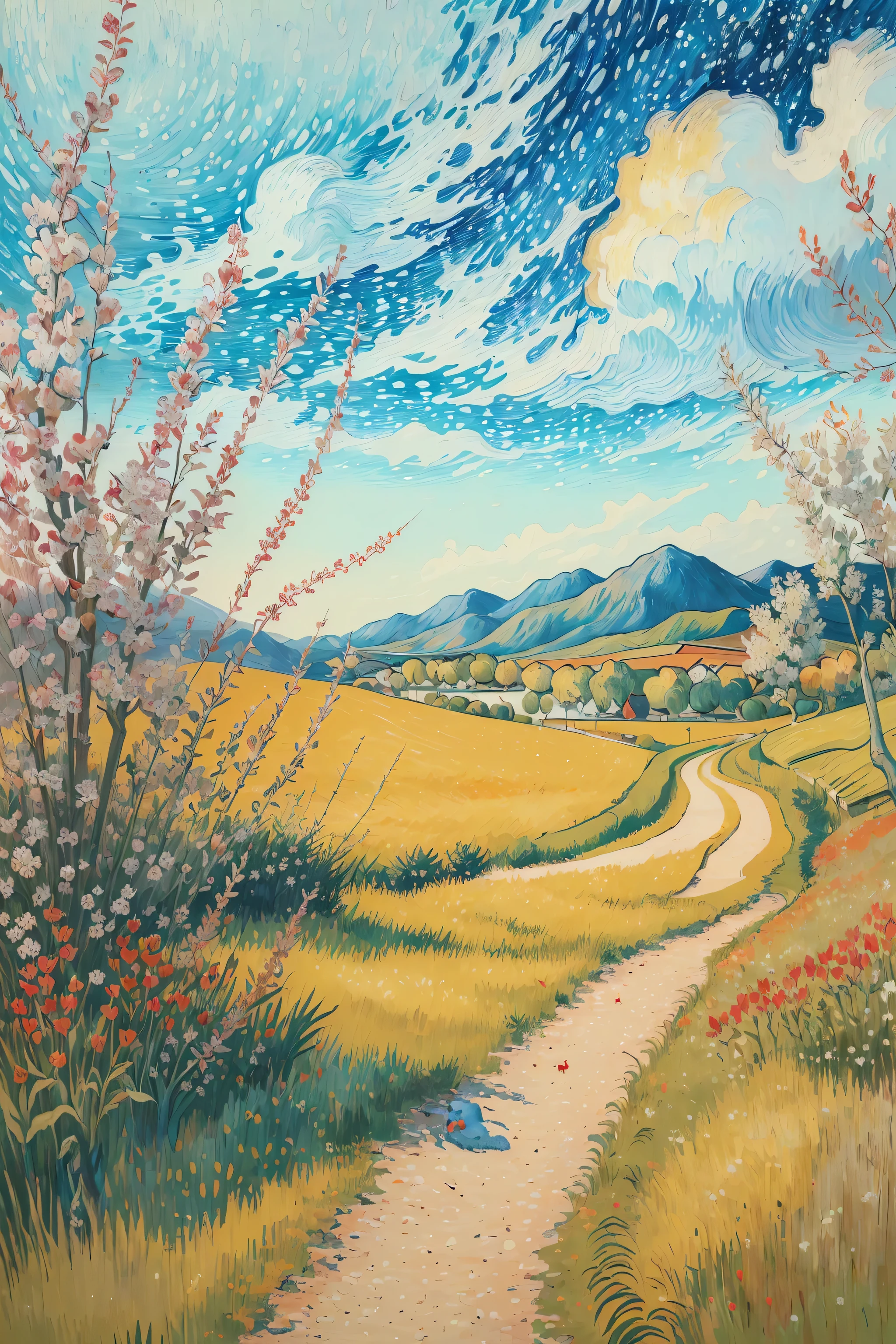 ((best quality)), ((masterpiece)), (detailed), intricate art, a little rabbit, open field, red flowers,  distant vision, detailed painting style, Abstract, Vincent van Gogh