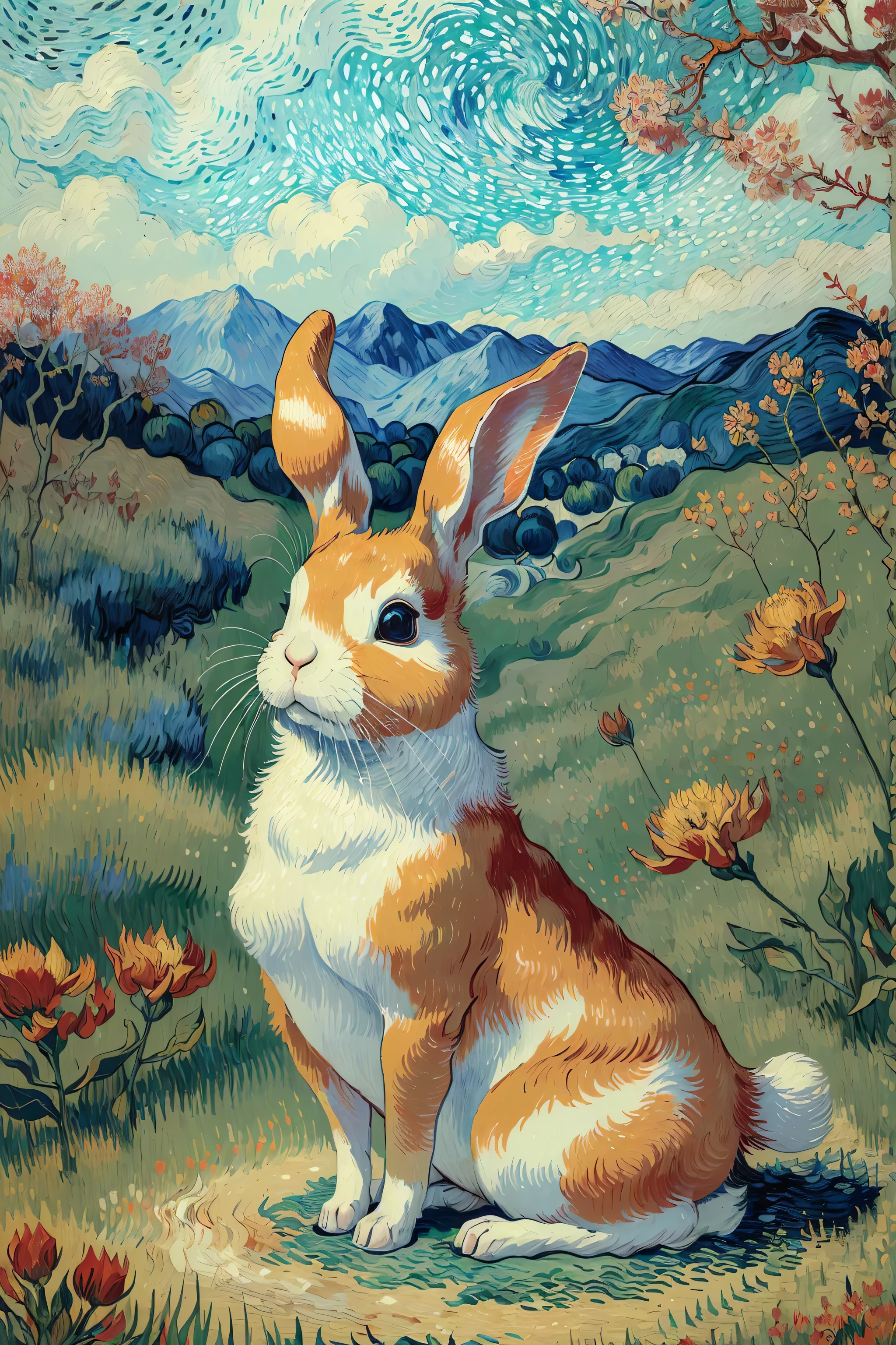 ((best quality)), ((masterpiece)), (detailed), intricate art, a little rabbit, open field, red flowers, distant vision, detailed painting style, Abstract, Vincent van Gogh