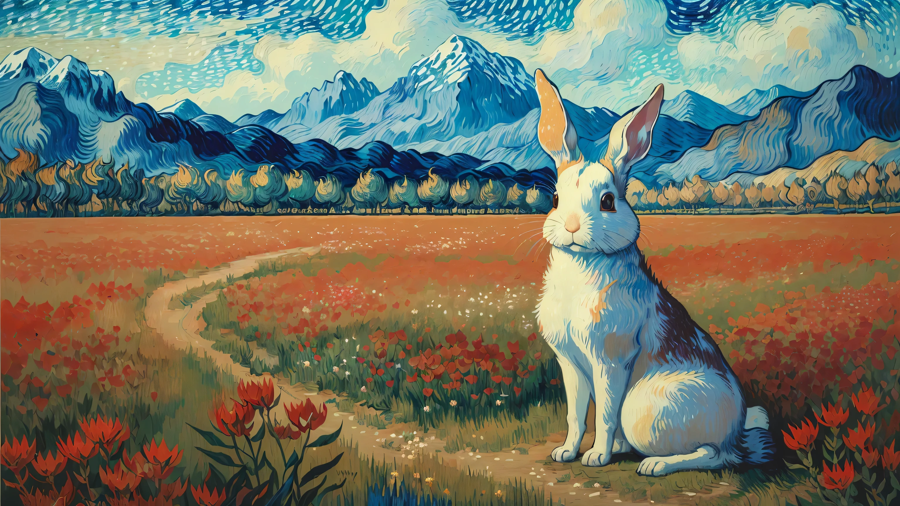 ((best quality)), ((masterpiece)), (detailed), intricate art, a little rabbit, open field, red flowers, distant vision, detailed painting style, Abstract, Vincent van Gogh