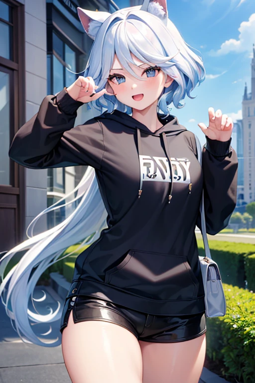 (highest quality,4K,High resolution,masterpiece:1.2),Very detailed,Beautiful details, Teenage body,Expressions of joy,Furina character, 16-year-old teenager,
Happy expression,Walking around the city, Shiny Hair,brake, hoodie,paw pose