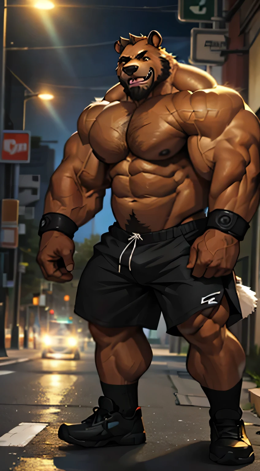 chubby old grizzly bear in nigh street city, hyper muscle, hyper brown fur muscular, hyper furry pec, hyper pectorabsurdly muscular, absurdly muscle size, flare lights, bur background, old grizzly, thick arm, huge brown fur arm, brown bearded. brown hair and beard, bearded, muscular, hairy, pectoral, wide pectoral, large pectoral, furry art, realistic, 8k, masterpiece, (wearing black shorts black wristbands and shirtless, topless, black shoes)