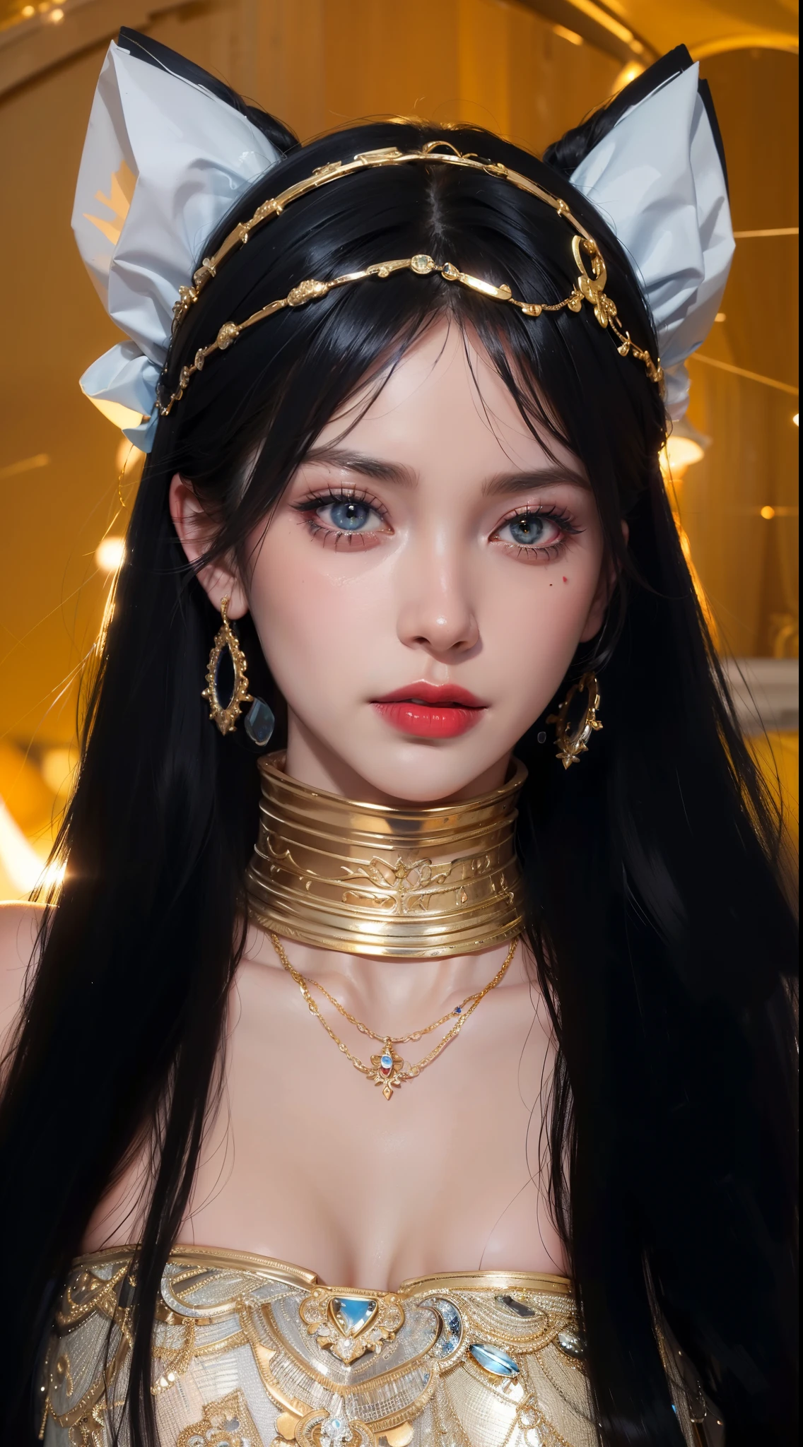 Royal princess,Super detailed, Delicate face, Stock Photography , Portrait 400, F1 Camera Lens.6, Colorful, Surrealism, Realistic textures, Dramatic Lighting, Thin Film Distiller 800 (8K, original photo, Better quality, masterpiece: 1.2), Super detailed, (Extremely delicate skin: 1.2), 8K Ultra HD, SLR camera, Soft Light, high quality.Fire Queen,Blue pupils,Apply red lipstick,Have a tattoo,The tattoo is very three-dimensional,Gorgeous and intricate tattoo designs,8K Mugshot,Large Breasts,Dark eyeshadow,Sexy thick lips(Red lipstick),Ice Princess,The facial features are very three-dimensional,necklace gold,Cleopatra