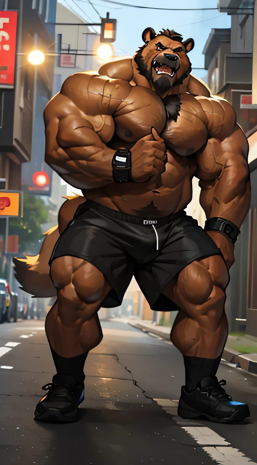 chubby old grizzly bear in nigh street city, hyper muscle, hyper brown fur muscular, hyper furry pec, hyper pectorabsurdly muscular, absurdly muscle size, flare lights, bur background, old grizzly, thick arm, huge brown fur arm, brown bearded. brown hair and beard, bearded, muscular, hairy, pectoral, wide pectoral, large pectoral, furry art, realistic, 8k, masterpiece, (wearing black shorts black wristbands and shirtless, topless, black shoes)