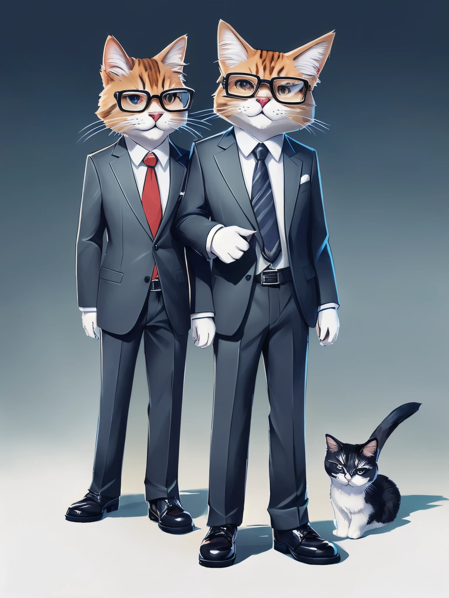 Wearing a suit and tie、Cartoon cat standing with hands in pockets, Wearing glasses、World Boss Kitten, Furry character portrait, Official character illustration, Official character art, Cute and detailed digital art, Professional fur drawing, High-quality portraits, Fashionably dressed fursona, Fursona Art, Casual clothing, Fur Artist, Anthropomorphic cat, High resolution consignment, Official concept art