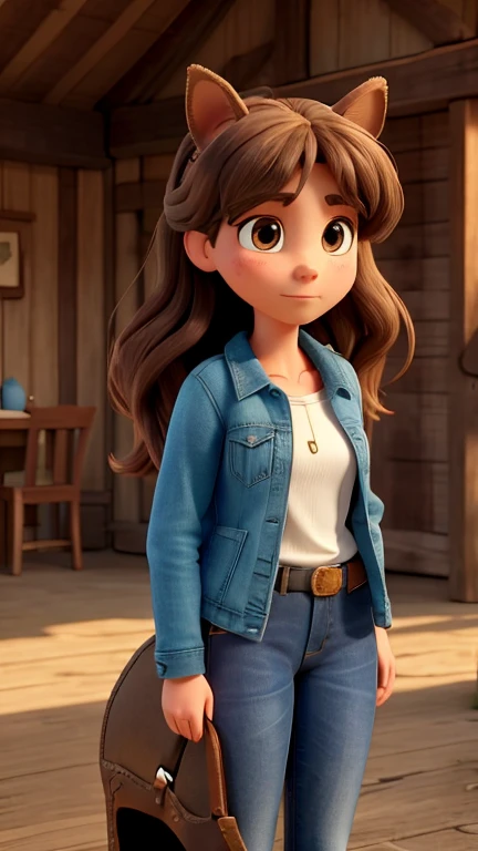 In the image, there is a woman standing next to a horse. The woman appears to be in her late teens or early twenties, with long brown hair. She is wearing a denim jacket and has a gentle expression on her face. The horse is a large brown animal with a white blaze on its forehead, which is a distinctive marking. The horse's ears are perked forward, indicating alertness or attentiveness. They are both standing in a wooden structure that could be a stable or a covered area, with wooden beams visible in the background. The lighting suggests it might be an overcast day or the photo is taken in a shaded area. The overall atmosphere of the image is calm and serene.