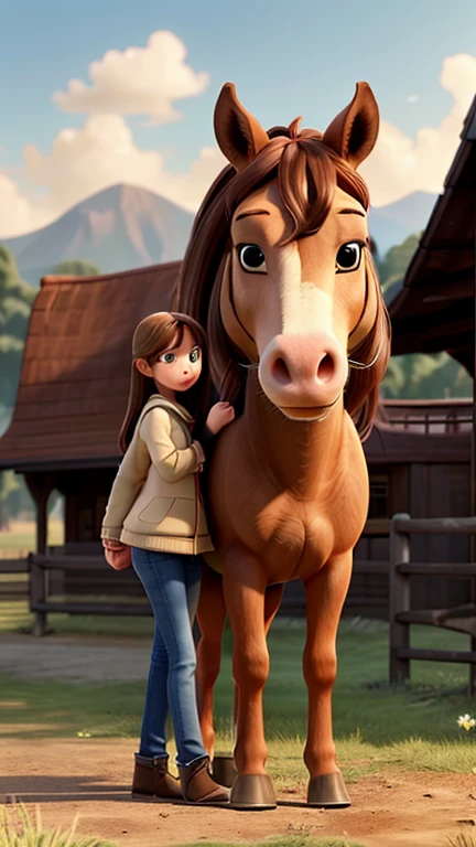 In the image, there is a woman standing next to a horse. The woman appears to be in her late s or early twenties, with long brown hair. She is wearing a denim jacket and has a gentle expression on her face. The horse is a large brown animal with a white blaze on its forehead, which is a distinctive marking. The horse's ears are perked forward, indicating alertness or attentiveness. They are both standing in a wooden structure that could be a stable or a covered area, with wooden beams visible in the background. The lighting suggests it might be an overcast day or the photo is taken in a shaded area. The overall atmosphere of the image is calm and serene.