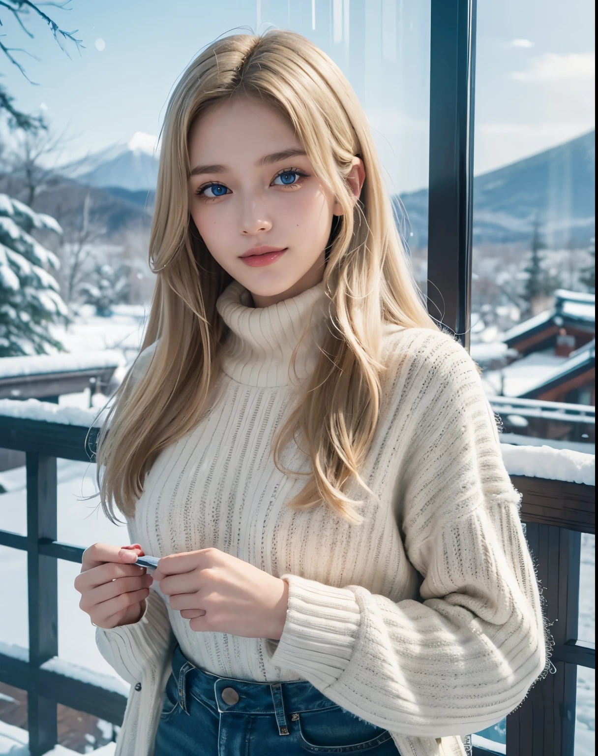 (Blue Eyes), (smiling), (Best Quality, 8k, Masterpiece: 1.3), Clear Focus: 1.2, Perfect Body Beauty: 1.4, Highly detailed face and skin texture, detailed eyes, double eyelids, (blonde long hair), white warm sweater, jeans, standing, dynamic pose, in Fuji-Hakone-Izu National Park Japan, snowy day, snow on the ground
