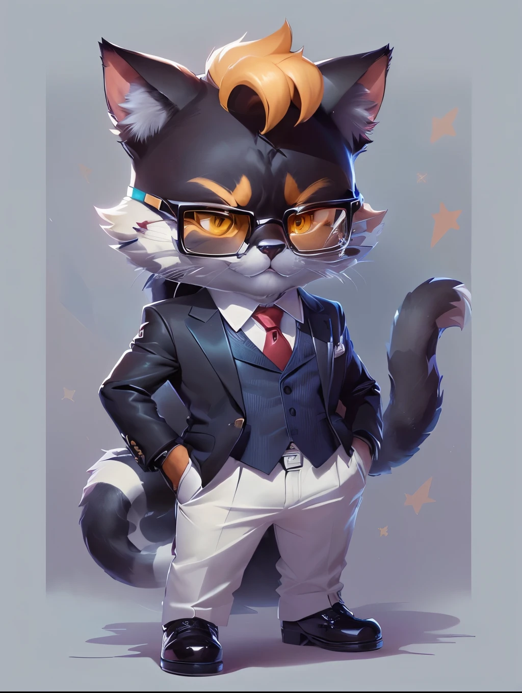 Wearing a suit and tie、Cartoon cat standing with hands in pockets, Wearing glasses、World Boss Kitten, Furry character portrait, Official character illustration, Official character art, Cute and detailed digital art, Professional fur drawing, High-quality portraits, Fashionably dressed fursona, Fursona Art, Casual clothing, Fur Artist, Anthropomorphic cat, High resolution consignment, Official concept art