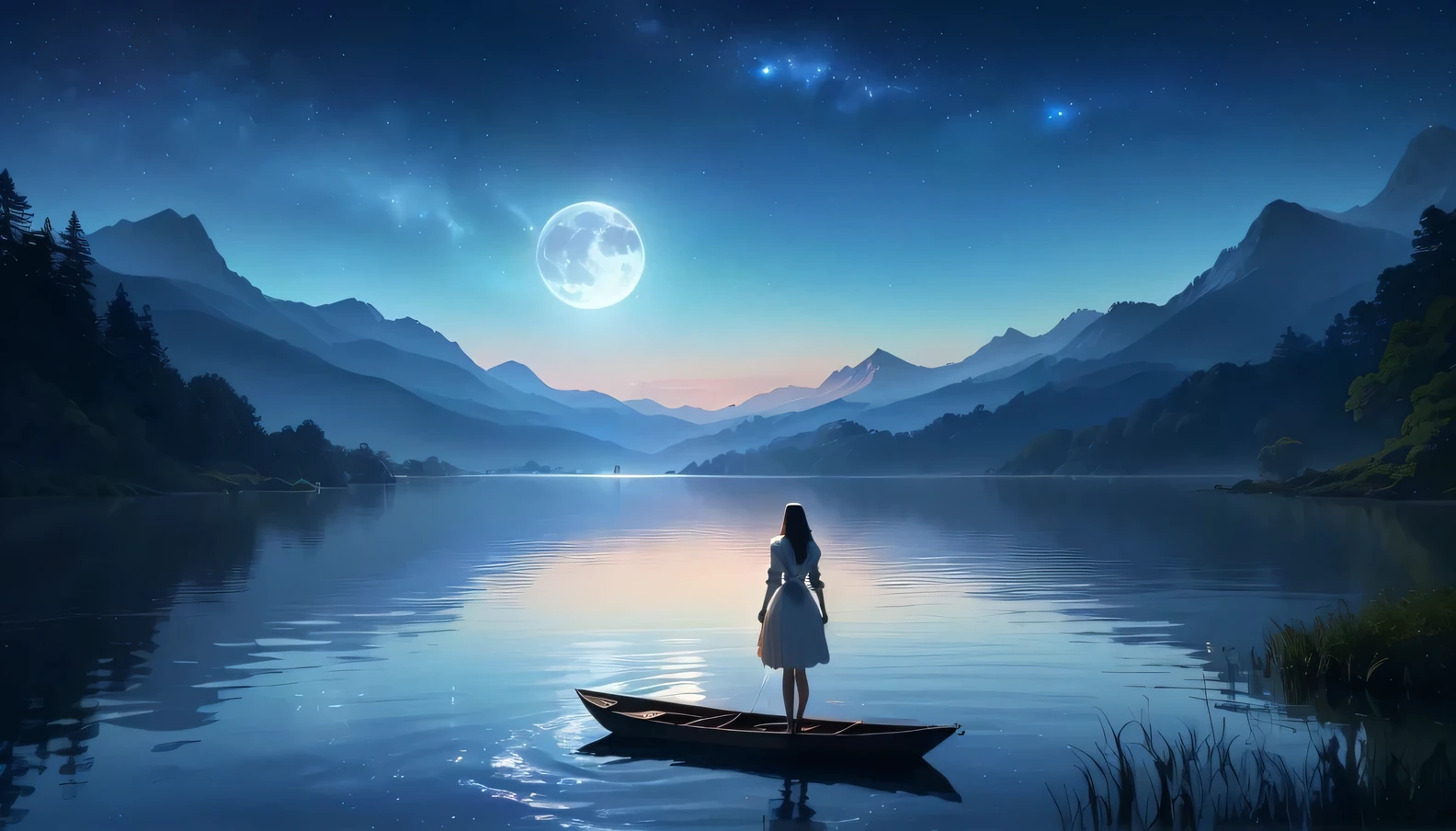 There is a woman standing in a boat on the water, noite tranquila. digital illustration, Floating under the moonlight at night, Amazing wallpapers, Anime girl walking on water, linda noite de luar, Beautiful wallpapers, parado ao luar, bela arte UHD 4K, gentle illustration, Atmosfera sonhadora de uma noite de luar, star々Flutuando entre, Tranquilidade infinita das estrelas, arte de fundo