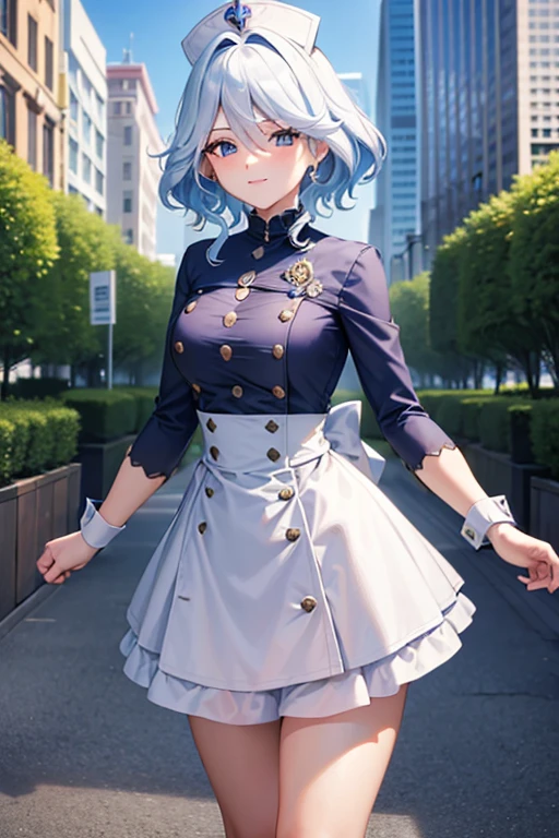 (highest quality,4K,High resolution,masterpiece:1.2),Very detailed,Beautiful details, age body,Expressions of joy,Furina character, 16-year-old teen,
Happy expression,Walking around the city, Shiny Hair,brake, nurse outfit,dynamic pose