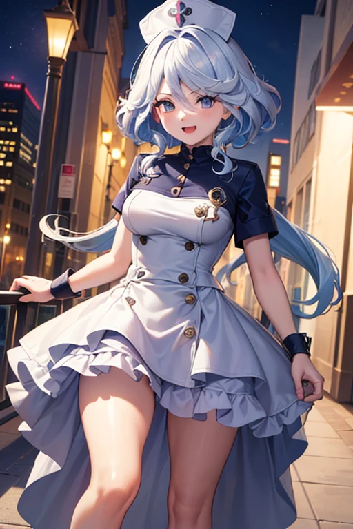 (highest quality,4K,High resolution,masterpiece:1.2),Very detailed,Beautiful details, age body,Expressions of joy,Furina character, 16-year-old teen,
Happy expression,Walking around the city, Shiny Hair,brake, nurse outfit,dynamic pose
