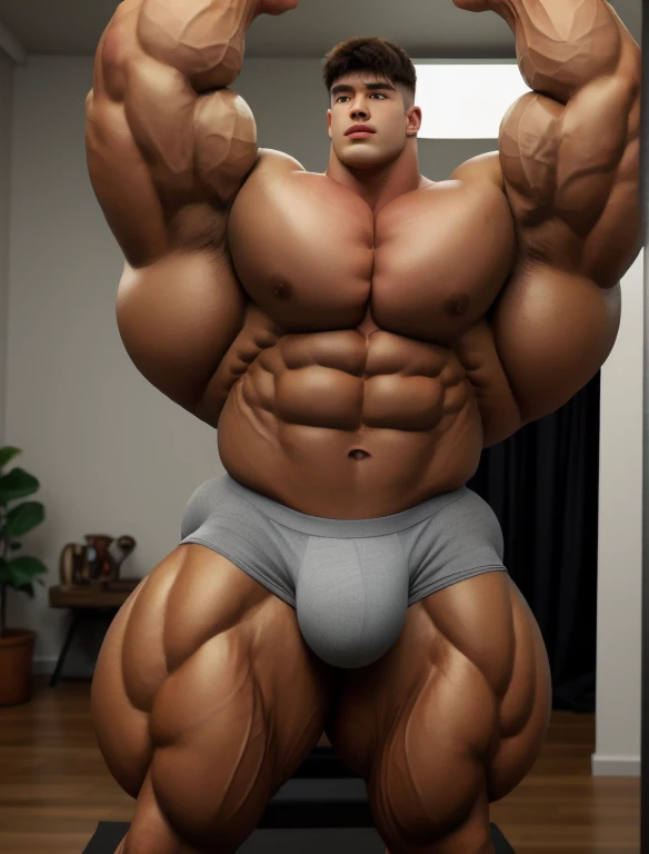1boy, giant, model shoot style, staring, illuminating light, strong body, bulk, large size, standing, armpit, in the photo studio room, grey triangular underwear, prominent bulge, big, brutalmass, giant, muscular body, bulk, massive body, sweaty, large meaty body size