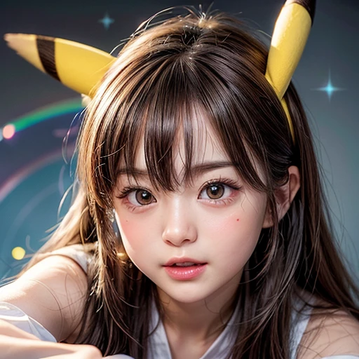 NSFW, 8k, High-level, absurd, masterpiece, best quality, primitive, very detailed CG, very detailed wallpaper, perfect lighting, Extremely detailed (((The personification of "Pikachu"))), MysticSight, Tyndall effect, Tyndall scattering, (Studio gray background with (many Dazzling RainbowColor particles BokeH)), (RoundlyButts, ThighGap), (Exposed:0.3), (Assfocus with looking ahead), BREAK (((NOGIZAKA face variations))) Extremely Detailed very KAWAII face variations, perfect anatomy, Childish, captivating gaze, elaborate detailed Eyes with (sparkling highlights:1.28), long eyelashes、Glossy RED Lips with beautiful details, Coquettish tongue, Rosy cheeks, Radiant PearlSkin with clear transparency . { (Dynamic LifeLike expressions:1.4) | :d) }, (large eyes:-1) .