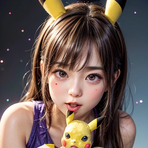 NSFW, 8k, High-level, absurd, masterpiece, best quality, primitive, very detailed CG, very detailed wallpaper, perfect lighting, Extremely detailed (((The personification of "Pikachu"))), MysticSight, Tyndall effect, Tyndall scattering, (Studio gray background with (many Dazzling RainbowColor particles BokeH)), (RoundlyButts, ThighGap), (Exposed:0.3), (Assfocus with looking ahead), BREAK (((NOGIZAKA face variations)))  Extremely Detailed very KAWAII face variations, perfect anatomy, Childish, captivating gaze, elaborate detailed Eyes with (sparkling highlights:1.28), long eyelashes、Glossy RED Lips with beautiful details, Coquettish tongue, Rosy cheeks, Radiant PearlSkin with clear transparency . { (Dynamic LifeLike expressions:1.4) | :d) }, (large eyes:-1) .