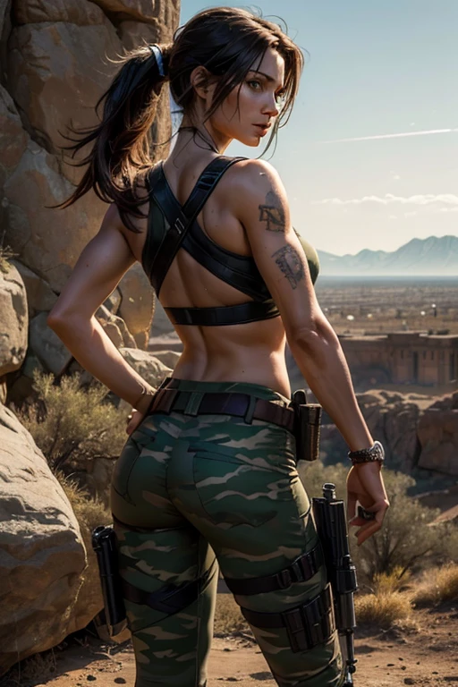 (Recreating a character from games: Lara Croft at 30, Slim athletic full body with sexiness and no sign of fatness, small circular raised breasts, long hair with a ponytail, black hair with two white stripes, workout top made of shiny steel, camouflage pants with dark brown and green tones, two military leg holsters, a loaded backpack on her back, two Desert Eagle .50 pistols, one in each hand, bright amber eyes, a perfect and delicate face, Extremely realistic image in 4k definition, entire body sculpted and a small lifted buttocks.)

Lara Croft, a 30-year