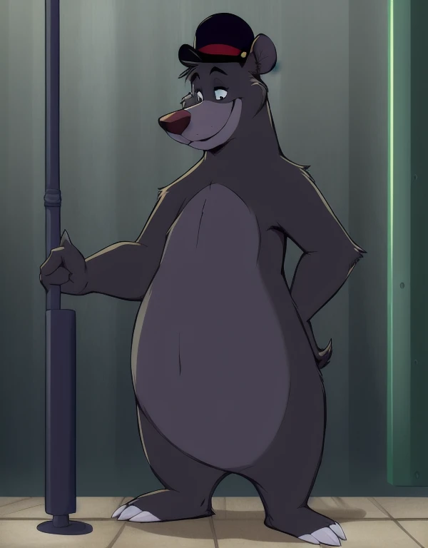 (((detailed eyes, detailed face))), (feral, baloo bear, no human), male, (solo), (plump), (nude, topless), standing, arms behind back, smile, using a black bowler hat, wearing black worker uniform, using a Dor-15 bowler hat, pulling a lever, (by bna_v5, by inkudoragoon, by kicktyan), factory industry and dark green polluted sky background, light environment, soft shading, 8k, UHD, masterpiece