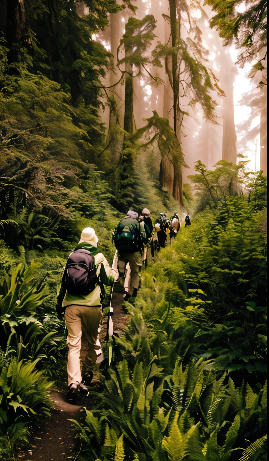 several people walking through a forest with backpacks and trek poles, trekking in a forest, walking in forest, walking through a lush forest, in the redwood forest, walking through the forest, walking through a forest, walking in a forest, on forest jungle path, in a redwood forest, in a foggy redwood forest, in deep forest, redwood forest, walking in the forest