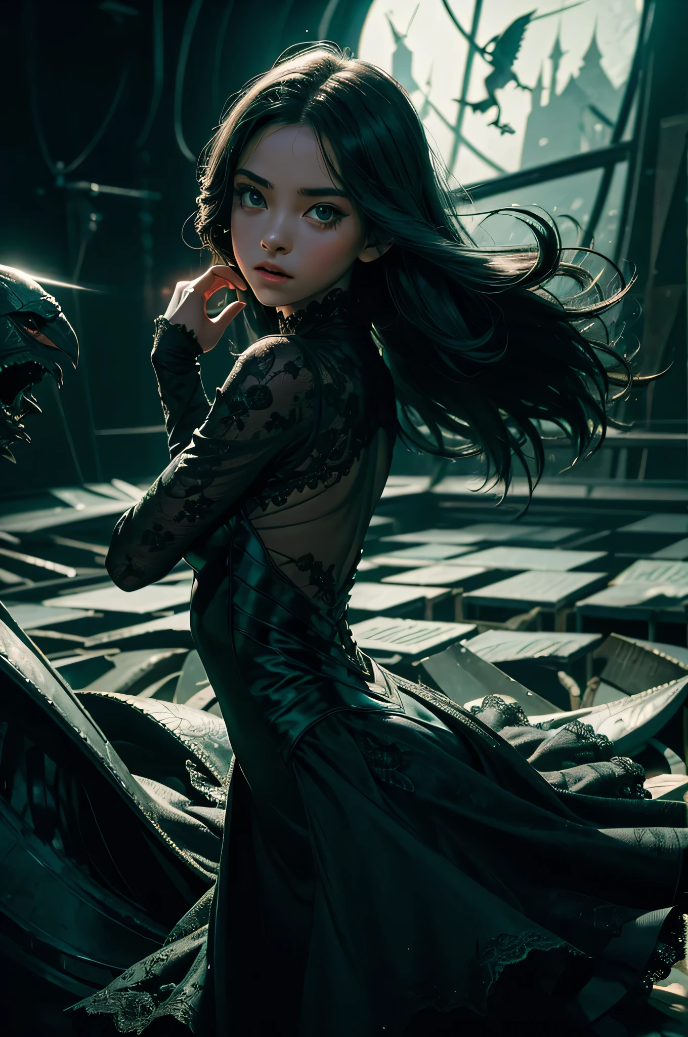 A adolescent milly alcock como bailarina. Inside the dark studio. sentado. espelhos de fundo. horror setting. reflexo distorcido no espelho. darkeness. Black swan scenery. sharp focus. Cinematic lighting. --S1000, lit face, lace, transparent dress, ray tracing green light