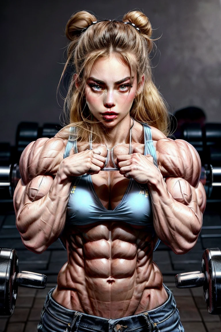 (2 girls body builders:1.6), ((masterpiece)), best quality, ultra-detailed:1.7, finely detail, high resolution:1.6, perfect dynamic composition, beautiful detailed faces:1.77, blonde babes:1.88, perfect red lipstick, perfect makeup:1.8, short denim bikini , large breasts:1.4, lovely look:1.7, gorgeous face:1.6, defined muscles:1.4, beautiful faces:1.8, alessandra ambrossio, izabel goulart, Kate Upton, Gigi Hadid, candice swanpoel ,popped out dense veins on muscles:1.8, hyper detailed picture:1.4, 8k resolution: 1.7, flex muscles:1.3, hyper muscular body shape:1.42, photorealistic:1.5, realistic:1.6, face masterpiece:1.74, good and professional lighting on picture:1.38, Ukrainian-Moroccan muscle beauty goddess, masterpiece 22 years old Ariana Grande and  Jennifer Lopez as bodybuilders, extremely high resolution, hyper feminine beauty , hyper realistic texture , extra large , hyper muscularity, hyper vascularity, ass of titanium, muscles of steel, ripped body shape, ripped sexy ass with bikini, muscular ass , topless, kissing, good face details, hyper face detailing, doing sex, super romantic moment, hyper romantic, romantic kiss, nude females, perfect symmetrical face, sexy french kiss with tongues, serious muscle posing, exaggerated muscular body, extremely shredded, flexing and posing muscles as bodybuilder, exaggerated veins on biceps