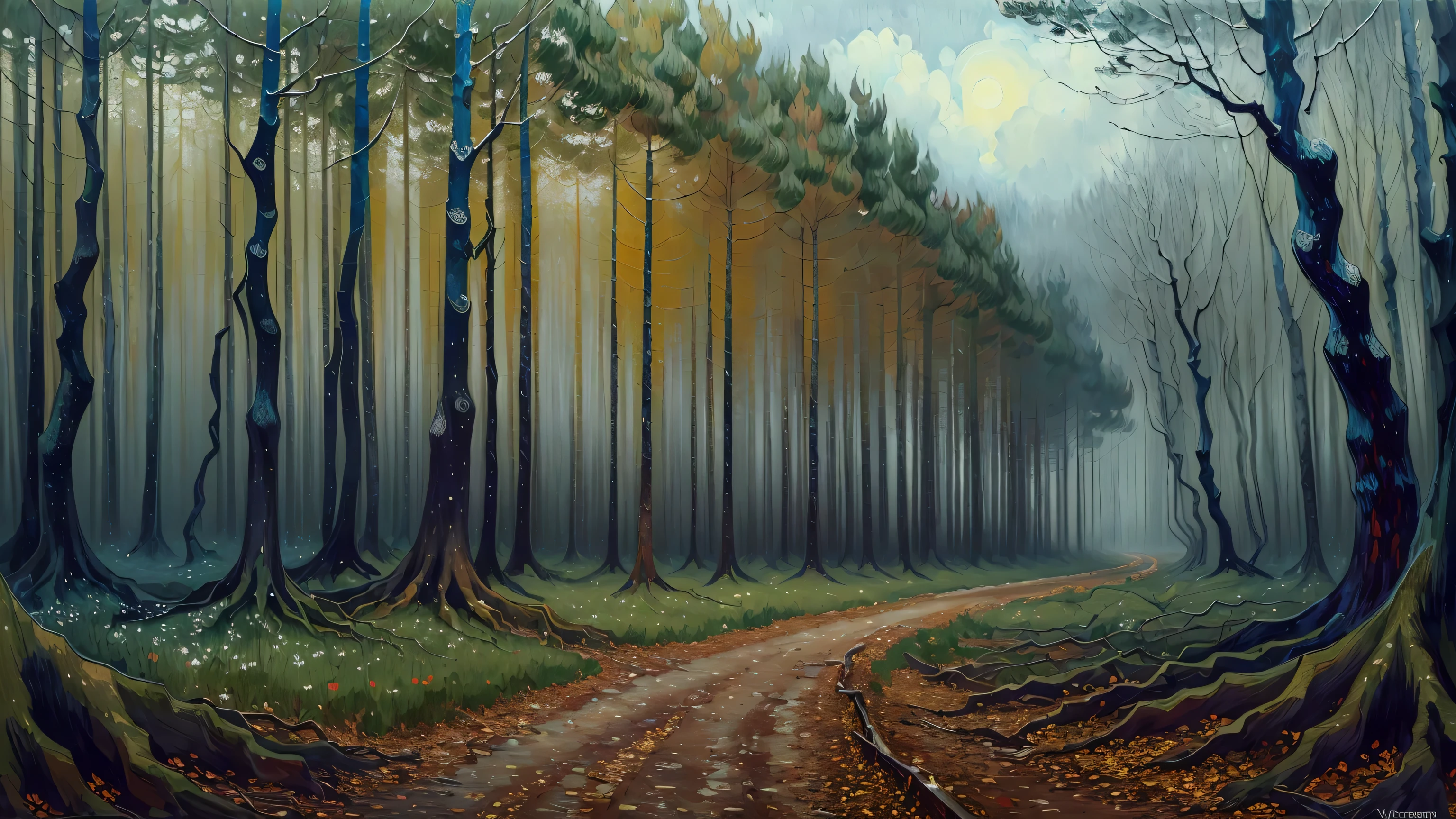 ((best quality)), ((masterpiece)), (detailed), intricate art, dense forest, gloomy atmosphere, detailed painting style, Abstract, Vincent van Gogh