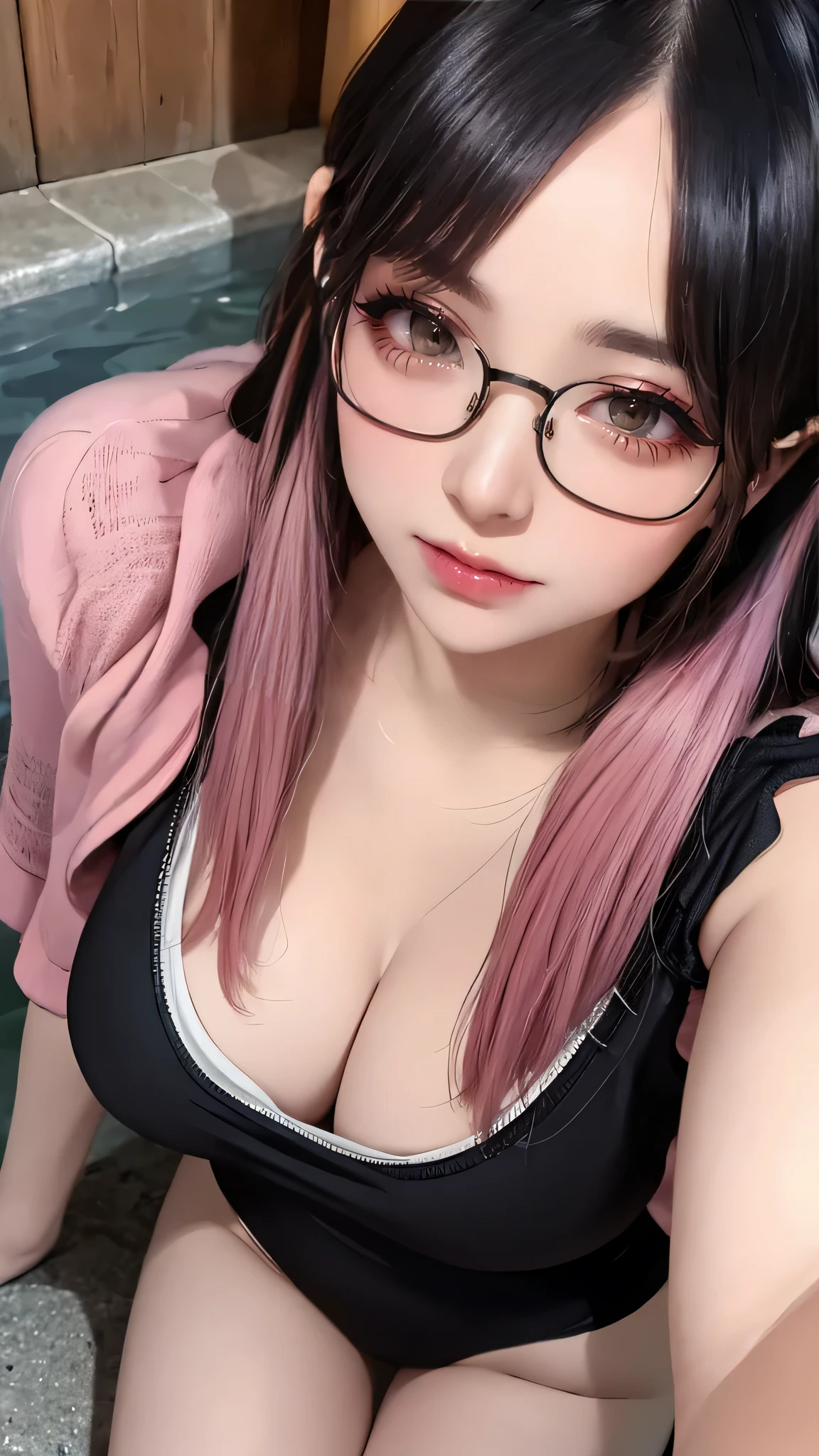 from above,overhead shot,onsen,(lying),(on back),baggy t-shirt,swimsuit,(random Lively pose),(Thin type),(large breasts),(half color hair black and pink),(random hairstyle),(Highest image quality, (8K), Ultra-realistic, Best Quality, High quality, High Definition, high quality texture, high detailing, Beautiful detailed, fine detailed, extremely details CG, Detailed texture, realistic representation of face, masterpiece, presence),(wearing glasses:1.5)