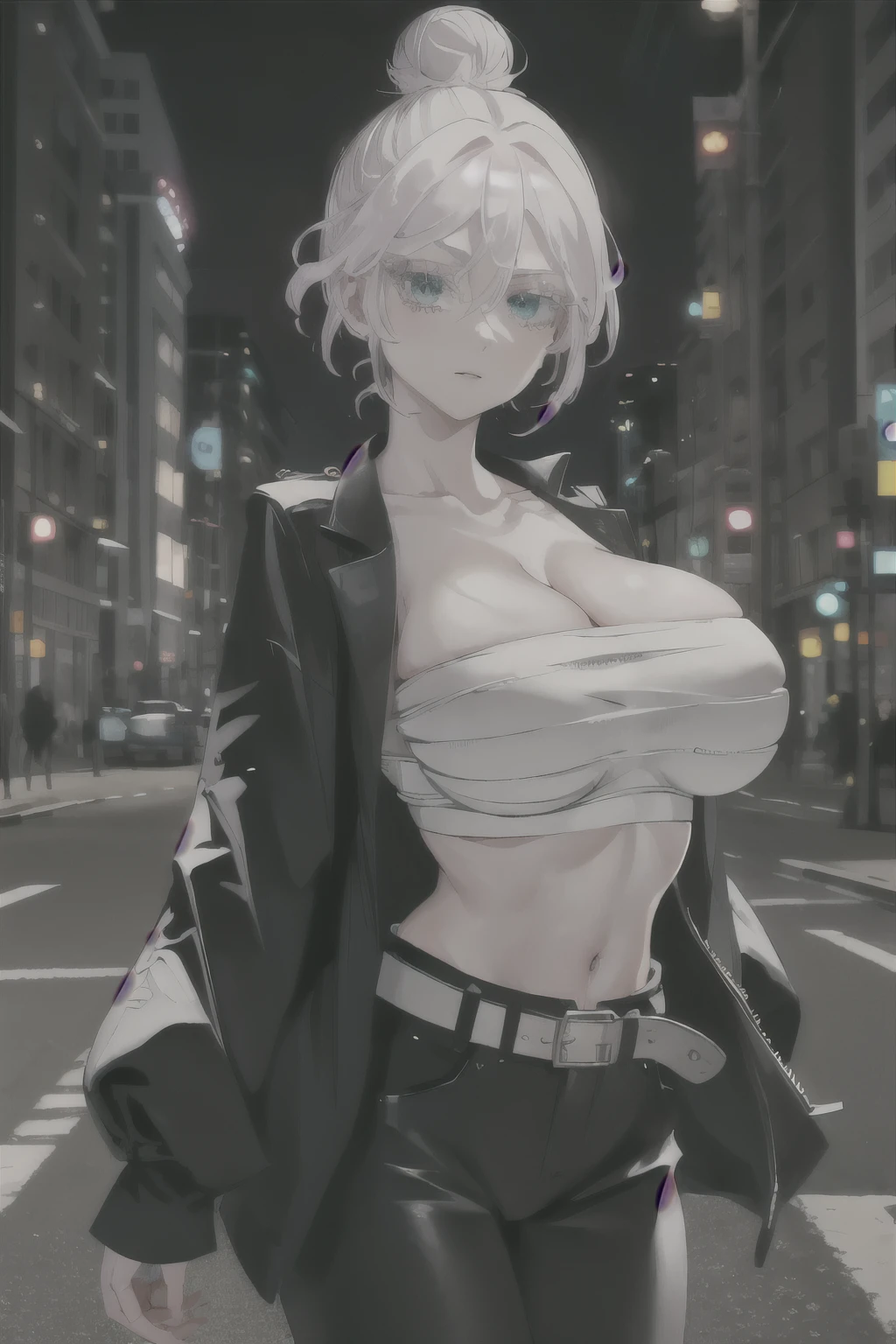 masterpiece, best quality, highres, 1girl, solo, short hair, white hair, hair bun, hair between eyes, colored eyelashes, aqua eyes, cleavage, sarashi, (big breasts: 1.8), bandages, black jacket, open clothes, long sleeves, midriff, belt, black pants, standing, cowboy shot, outdoors, street, night