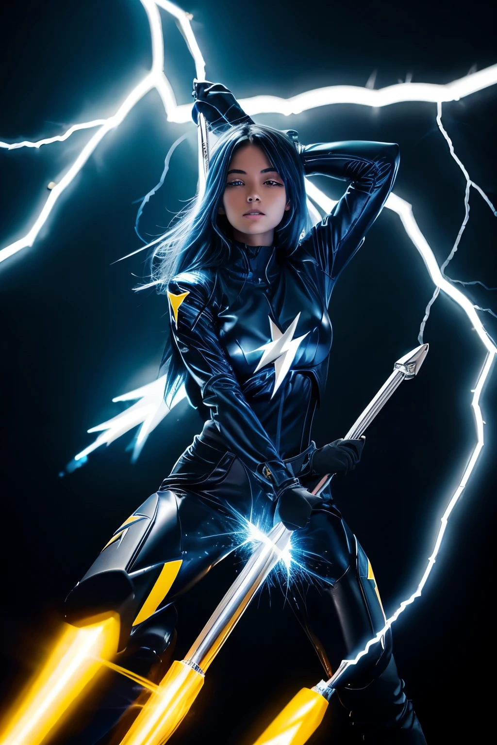 Dark blue background with silver hammer and electric yellow lightning bolts.