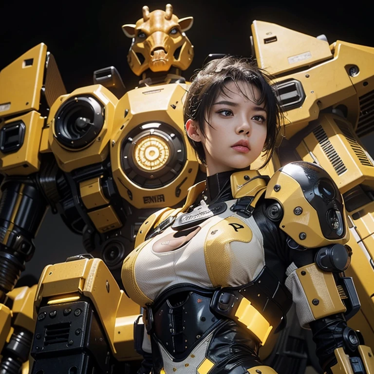 best quality, masterpiece, aesthetic, full-body dynamic pose high quality, 1girl punching, android, (yellow and black) upper armor, mechanical arms, short punk hair, black hair, white background, intense expression, looking at viewer, (simple background:1.4) a (giraffe pattern outfit) yellow and black outfit,sword,beautiful cyberpunk woman,cyberpunk angry gorgeous goddess,beautiful cyborg girl ,hyper realistic,intricate details,cinematic lighting,vibrant colors,award winning,stunning,masterpiece