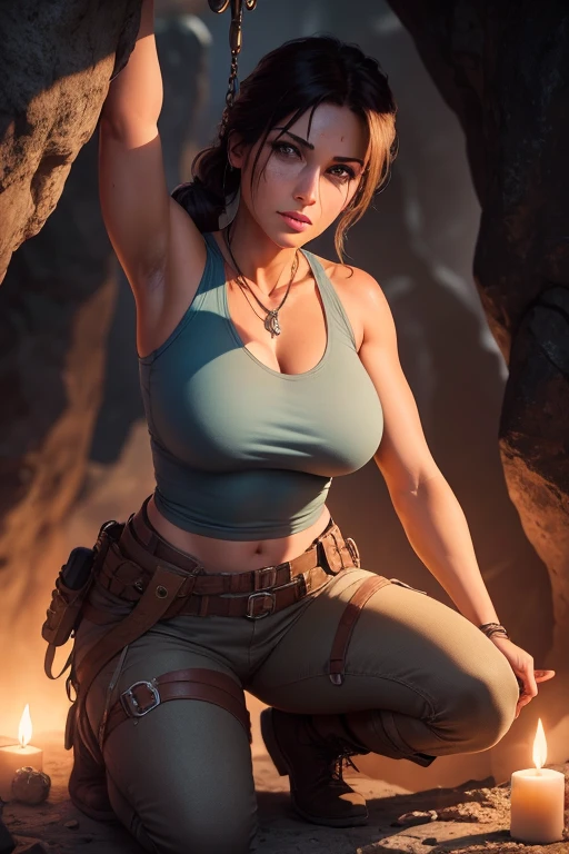 Create a realistic image of Lara Croft discovering an golden key while standing on the top of a view point in an underground cave. Lara is wearing her classic Tomb Raider outfit: a light blue tank top, cargo shorts, sturdy boots. She is illuminated by the light from her golden key, which casts flickering shadows on the cave walls. The cave is filled with intricate carvings, ancient symbols, and stalactites hanging from the ceiling. Lara is kneeling or bending down, opening a door with a golden key. The golden key is a detailed. perfect face, ultra detailed face, perfect brown eyes, beautiful face, perfect anatomy. Additional Details: Background: Underground cave with intricate carvings, ancient symbols, stalactites, and shadows cast by the torchlight. Lighting: it's dark, night time, Flickering torchlight illuminating the scene, creating dramatic shadows and a sense of mystery. (8k, RAW photo, best quality, masterpiece:1.2),ultra-detailed, (high detailed skin:1.2), 8k uhd, dslr, soft lighting, high quality