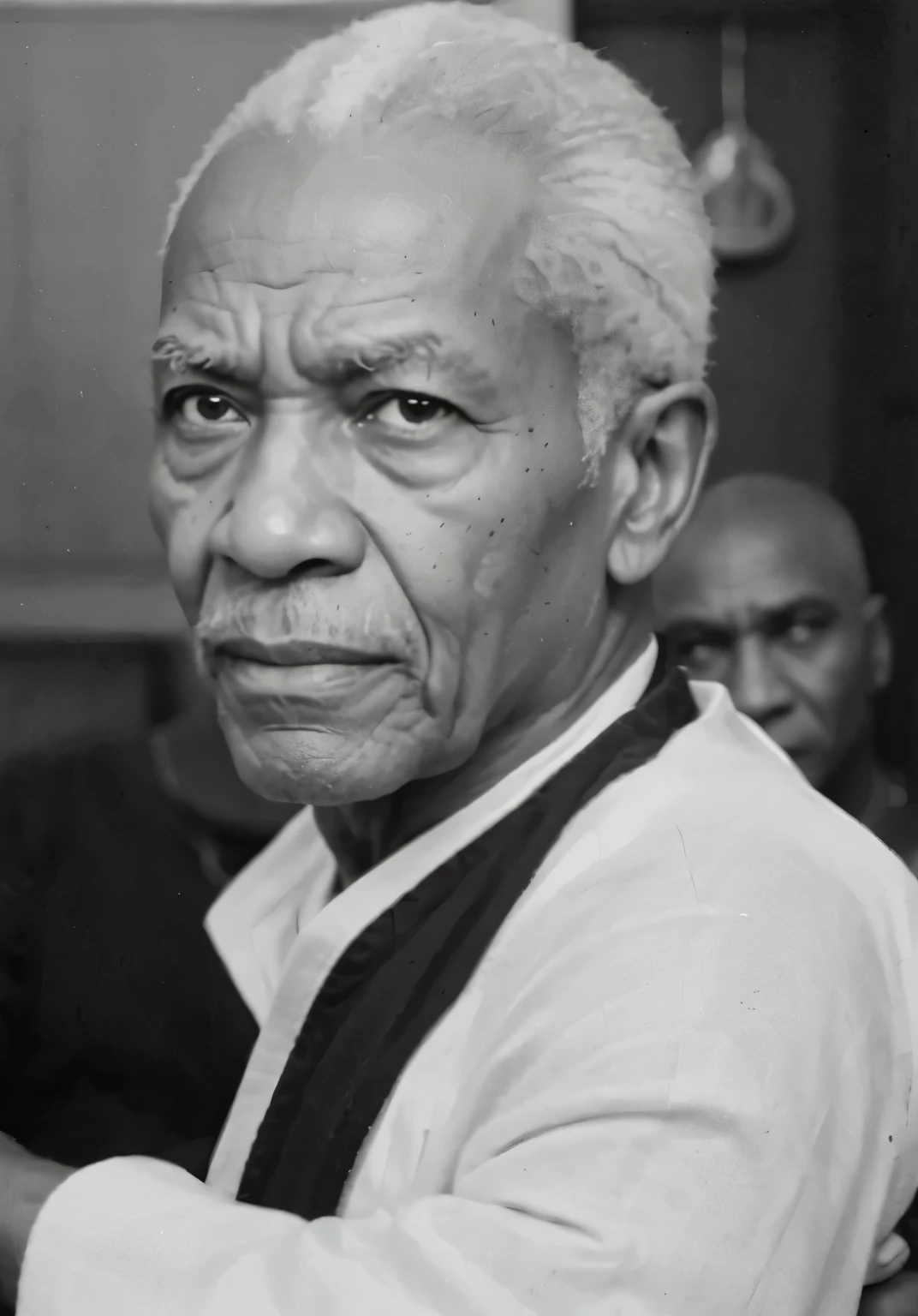 "Draw an elderly man of African descent with a confident gaze and a mischievous expression. Despite his advanced age, he exudes vigor. His left eye has a pronounced droop, giving him a more solemn expression. In the background, there is a classic scene of Brazilian capoeira, with vibrant colors typical of this martial art."