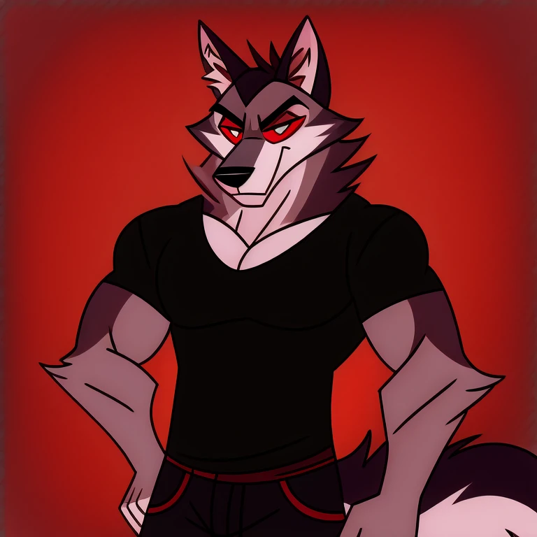 (masterpiece, best quality:1.2), Vortex hellhound, wolf, furry, helluva boss, he wears a black t-shirt with a gray vest with red spikes on the shoulders and black pants.
