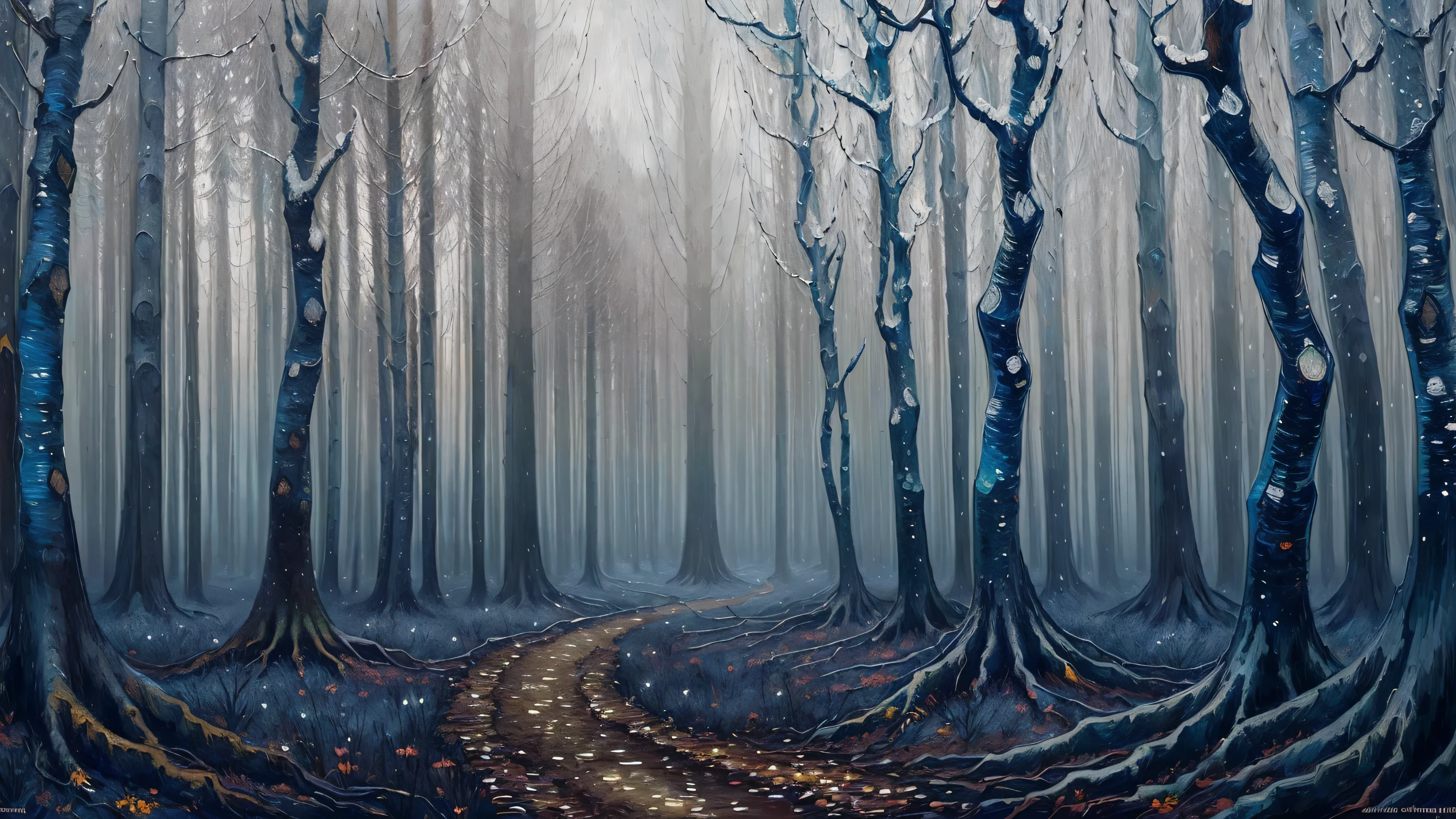 ((best quality)), ((masterpiece)), (detailed), intricate art, dense forest, gloomy atmosphere, detailed painting style, Abstract, Vincent van Gogh
