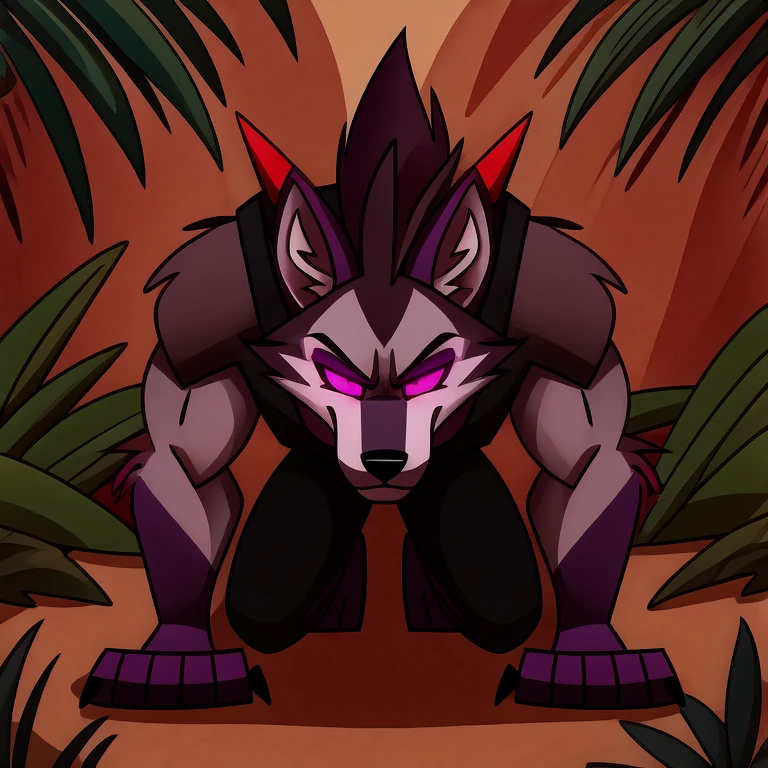 (masterpiece, best quality:1.2), Vortex hellhound, wolf, furry, helluva boss, glowing purple eyes, he wears a black t-shirt with a gray vest with red spikes on the shoulders and black pants. marching on all fours, jungle background,