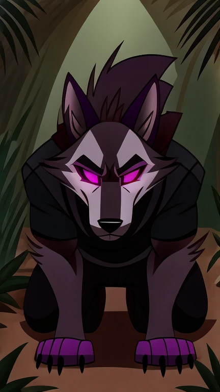 (masterpiece, best quality:1.2), Vortex hellhound, wolf, furry, helluva boss, glowing purple eyes, he wears a black t-shirt with a gray vest with red spikes on the shoulders and black pants. marching on all fours, jungle background,