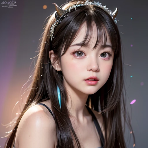 NSFW, 8k, High-level, absurd, masterpiece, best quality, primitive, very detailed CG, very detailed wallpaper, perfect lighting, Extremely detailed (((The personification of "Succubus"))), MysticSight, Tyndall effect, Tyndall scattering, (Studio gray background with (many Dazzling RainbowColor particles BokeH)), (RoundlyButts, ThighGap), (Exposed:0.3), (Assfocus with looking ahead), BREAK (((NOGIZAKA face variations))) Extremely Detailed very KAWAII face variations, perfect anatomy, Childish, captivating gaze, elaborate detailed Eyes with (sparkling highlights:1.28), long eyelashes、Glossy RED Lips with beautiful details, Coquettish tongue, Rosy cheeks, Radiant PearlSkin with clear transparency . { (Dynamic LifeLike expressions:1.4) | :d) }, (large eyes:-1) .