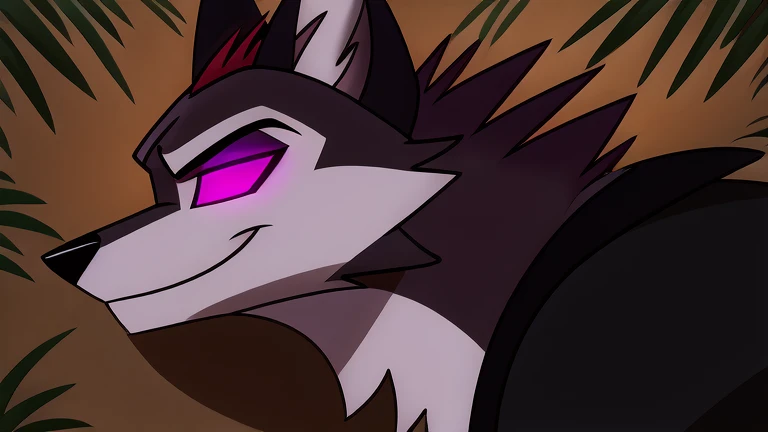 (masterpiece, best quality:1.2), Vortex hellhound, wolf, furry, helluva boss, glowing purple eyes, he wears a black t-shirt with a gray vest with red spikes on the shoulders and black pants. marching on all fours, jungle background, profile picture