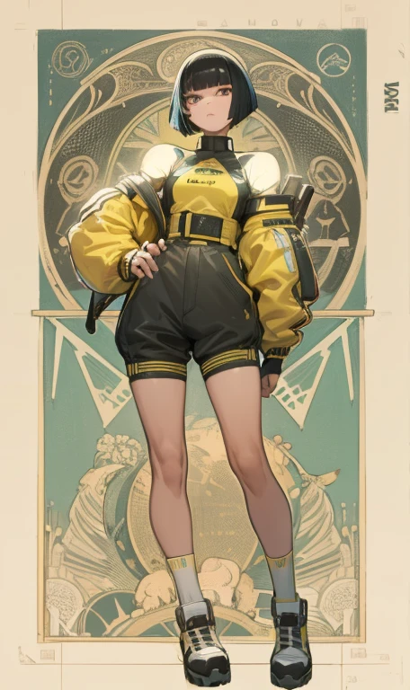 best quality, masterpiece, aesthetic, full-body dynamic pose high quality, 1girl punching, android, (yellow and black) upper armor, mechanical arms, short punk hair, black hair, white background, intense expression, looking at viewer, (simple background:1.4) a (giraffe pattern outfit) yellow and black outfit,sword,beautiful cyberpunk woman,cyberpunk angry gorgeous goddess,beautiful cyborg girl ,hyper realistic,intricate details,cinematic lighting,vibrant colors,award winning,stunning,masterpiece