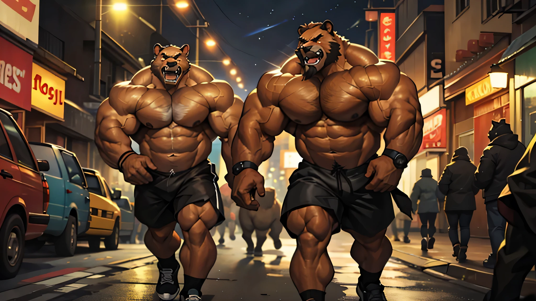 chubby old grizzly bear in nigh street city, hyper muscle, hyper brown fur muscular, hyper furry pec, hyper pectorabsurdly muscular, absurdly muscle size, flare lights, bur background, old grizzly, thick arm, huge brown fur arm, brown bearded. brown hair and beard, bearded, muscular, hairy, pectoral, wide pectoral, large pectoral, furry art, realistic, 8k, masterpiece, (wearing black shorts black wristbands and shirtless, topless, black shoes)