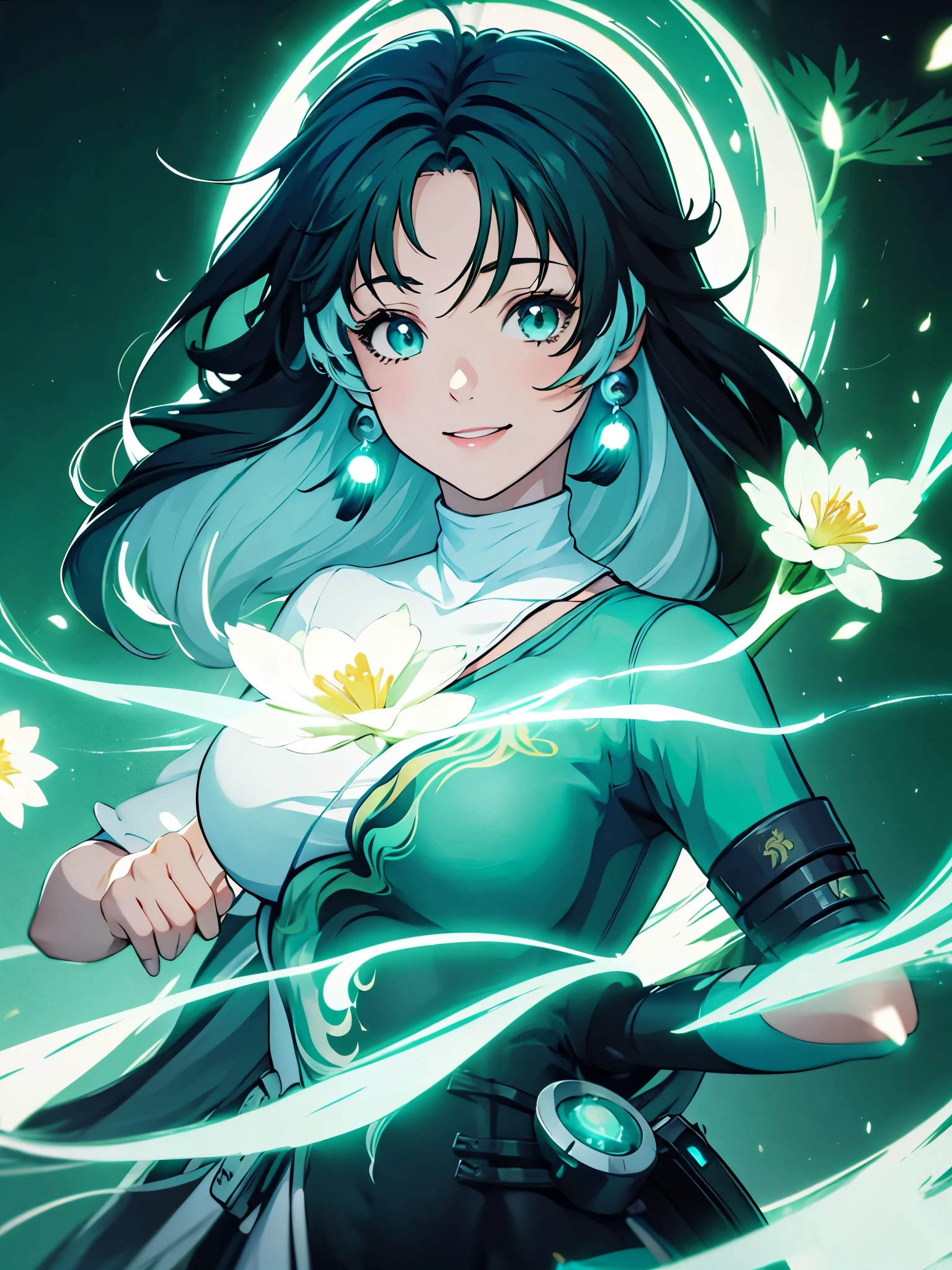 ((semi realistic)), ((Anime girl)), Jianxin, green air particle, ((cyan aura surrounding character)), forest, Tao symbol, wide smiling, white flower, glowing fireflies