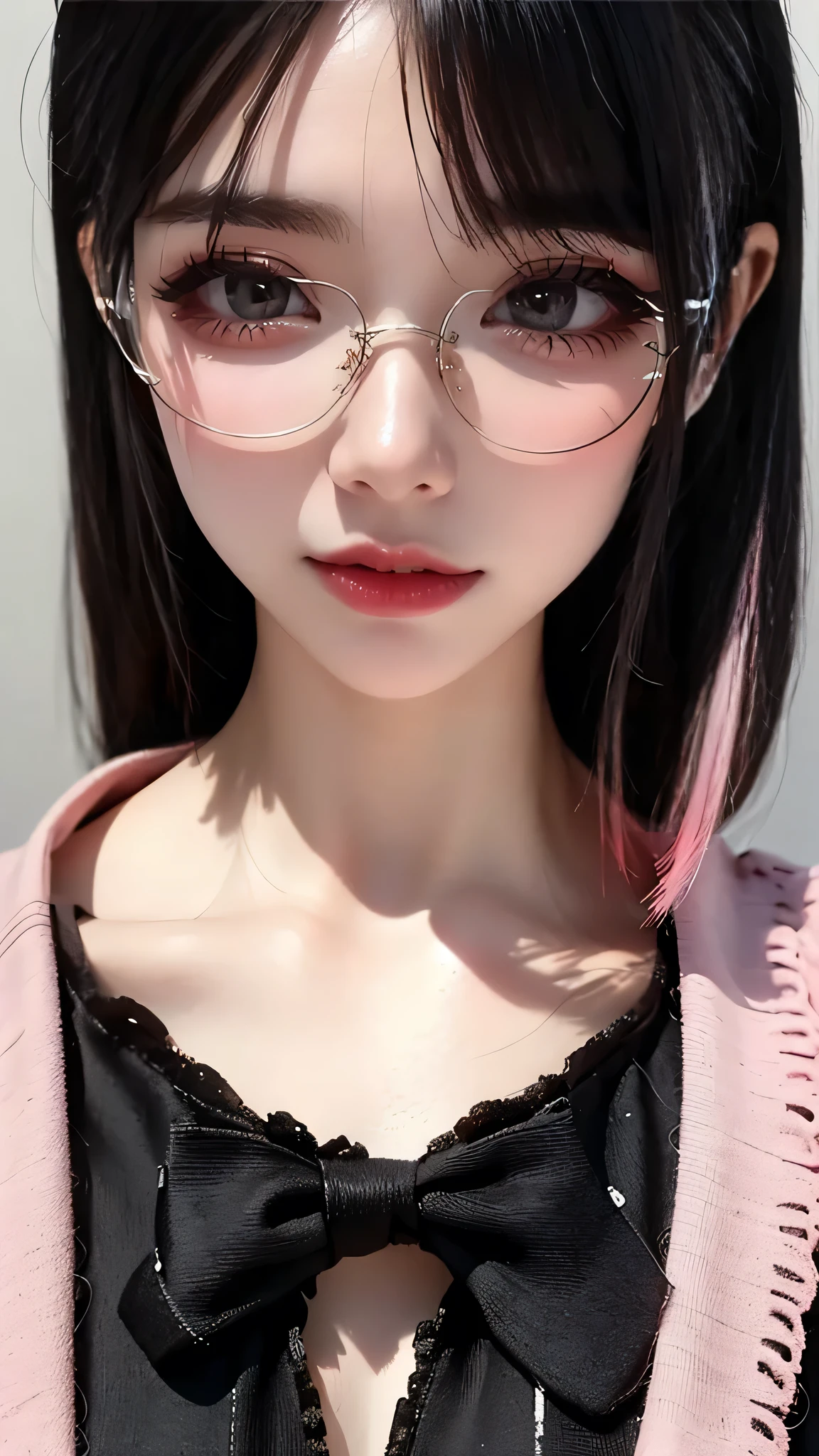 (Thin type),(large breasts),(half color hair black and pink),(random hairstyle),(Highest image quality, (8K), Ultra-realistic, Best Quality, High quality, High Definition, high quality texture, high detailing, Beautiful detailed, fine detailed, extremely details CG, Detailed texture, realistic representation of face, masterpiece, presence),(wearing glasses:1.5)