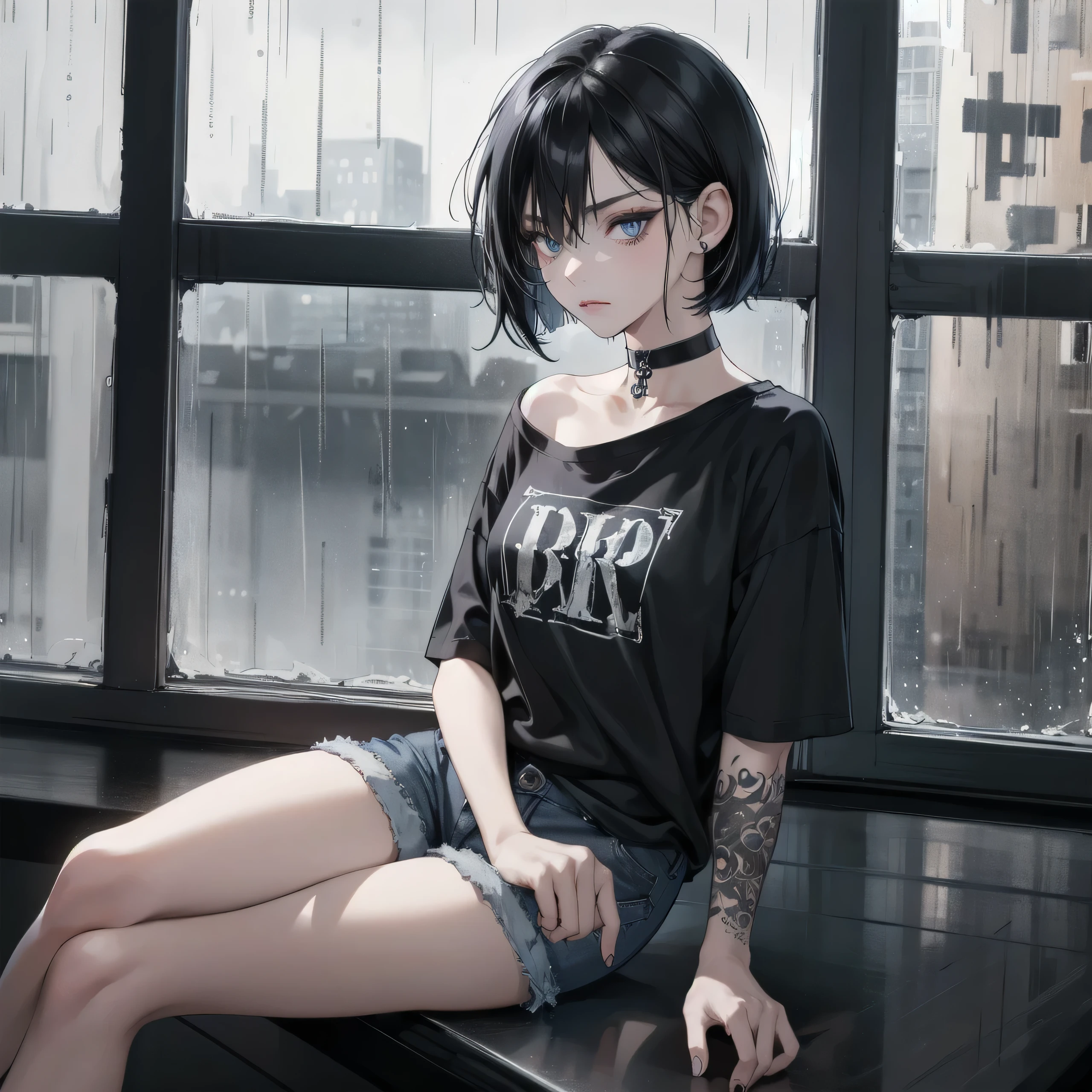 1girl, short black bob hair, dark blue eyes, black metal oversized t-shirt, denim short pants, choker, tattooed, window, rainy, night, sitting, unfriendly face