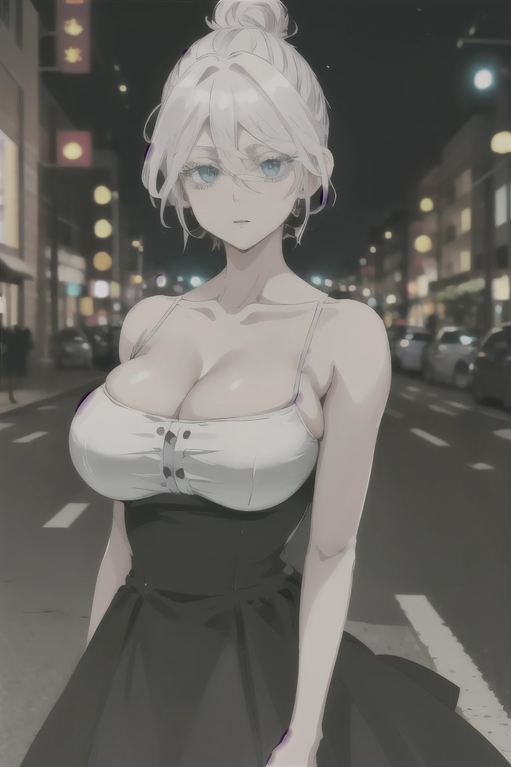 masterpiece, best quality, highres, 1girl, solo, short hair, white hair, hair bun, hair between eyes, colored eyelashes, aqua eyes, cleavage, sarashi, (big breasts: 1.8), (black dress: 1.3), standing, cowboy shot, outdoors, street, night