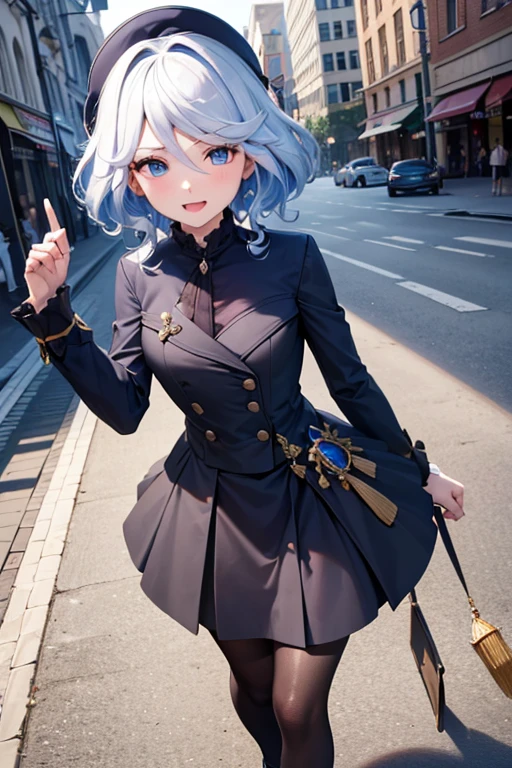 (highest quality,4K,High resolution,masterpiece:1.2),Very detailed,Beautiful details, Teenage body,Expressions of joy,Furina character, 16-year-old teenager,
 Happy expression,Walking around the city, Shiny Hair,brake,,	leaning forward
