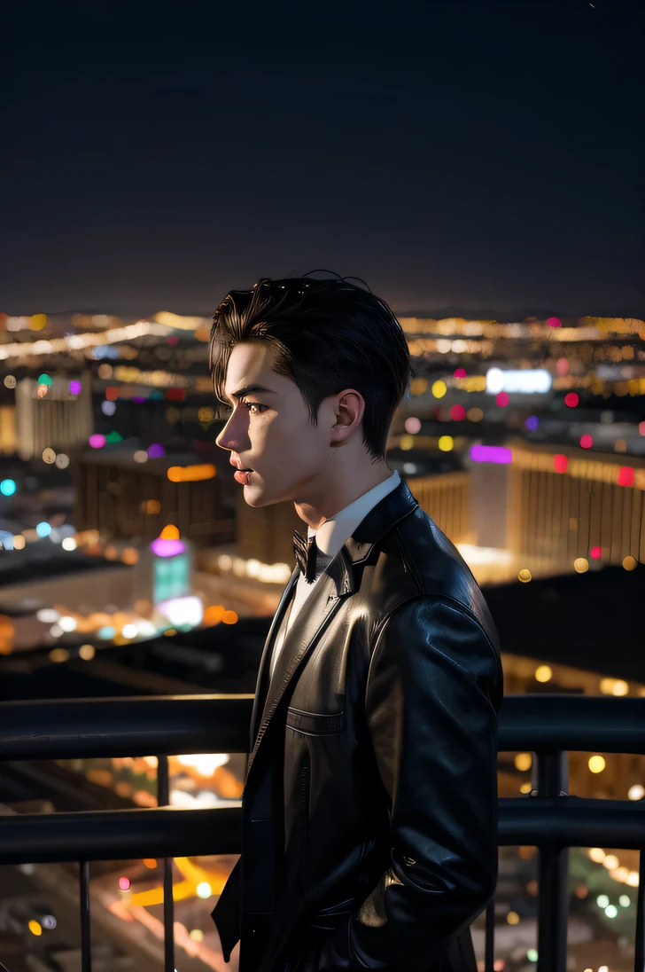 make a young man in profile and have the city of las vegas at night in the background and make the photo animated