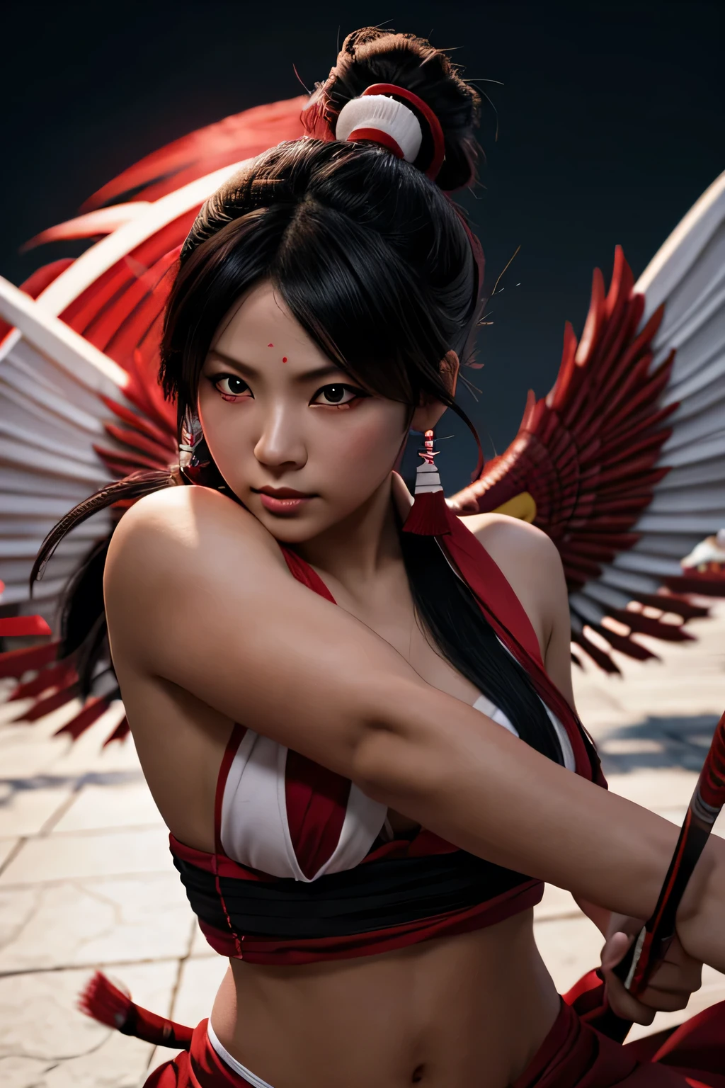 masterpiece, best quality, ultra-detailed, CG illustration, high resolution, better lighting, best shadow, extremely delicate and beautiful, appropriate shading, HD, 8k, ray tracing, hyper detailed and sharp background, perfect lights, anime style, Inspired by the game Mahokenshi: House of Ruby (Tengu, winged mountain kami, aggressive, red and white colors), strength, samuraipunk, solo, 1 woman, black hair, red eyes, adult, obi tassel,