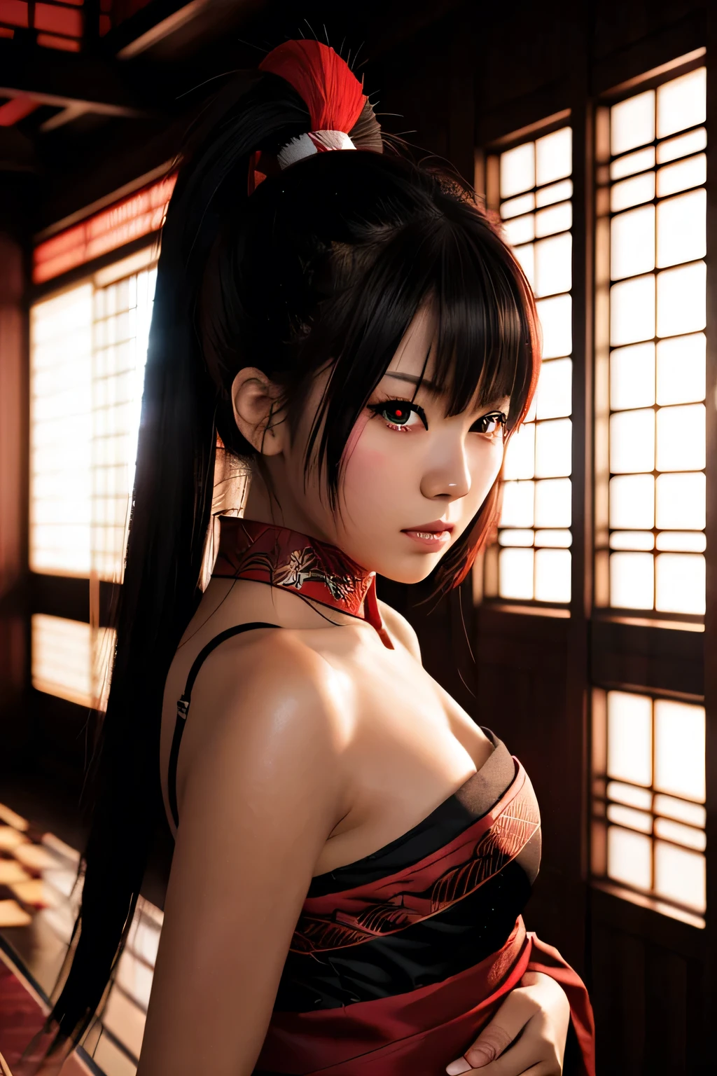 masterpiece, best quality, ultra-detailed, CG illustration, high resolution, better lighting, best shadow, extremely delicate and beautiful, appropriate shading, HD, 8k, ray tracing, hyper detailed and sharp background, perfect lights, anime style, Inspired by the game Mahokenshi: House of Ruby (Tengu, winged mountain kami, aggressive, red and white colors), strength, samuraipunk, solo, 1 woman, black hair, red eyes,  adult, obi tassel,