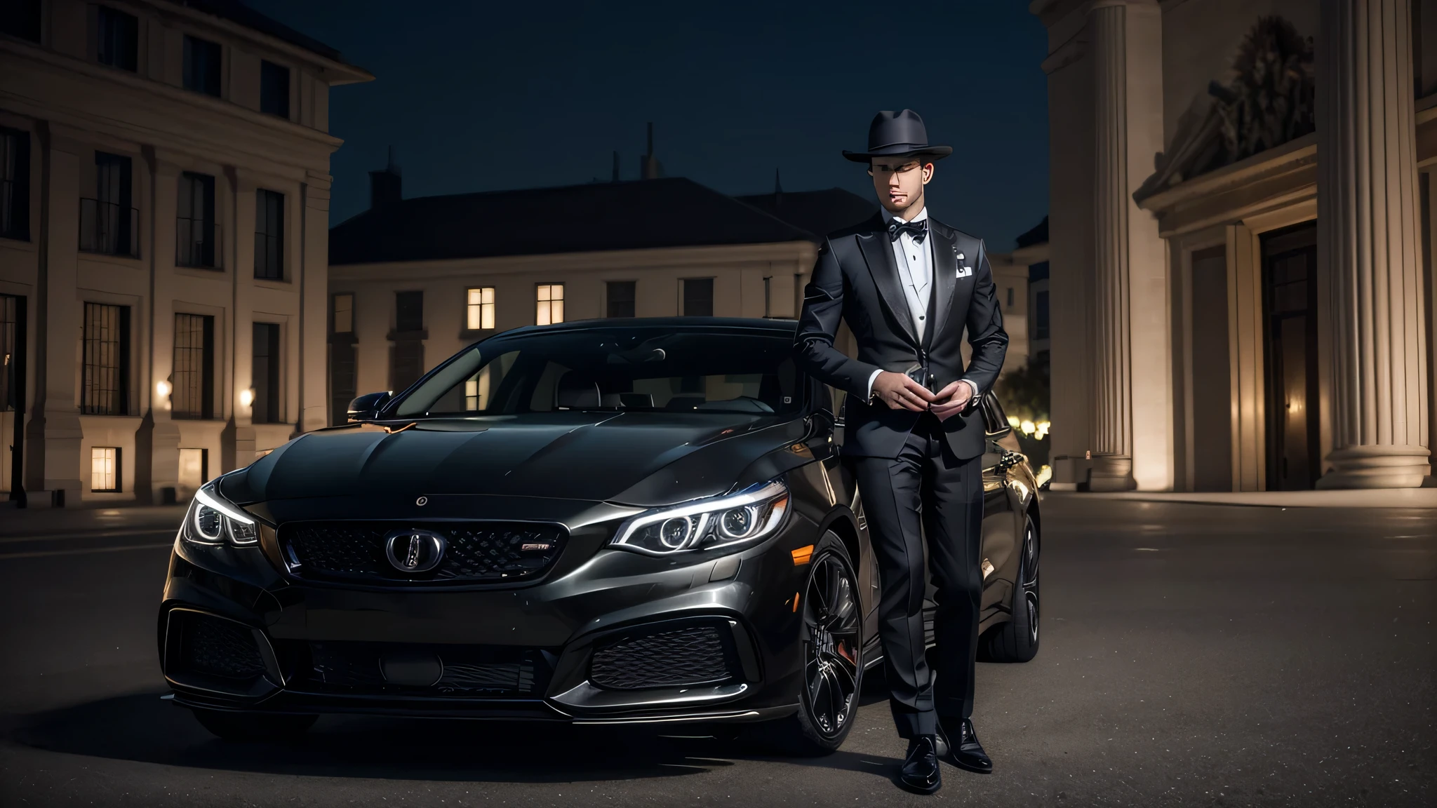 Na cena, an elegantly dressed man in an impeccable suit and a hat walks towards a beautiful luxury car. Your posture is firm and confident, conveying an aura of class and sophistication.
Although your face is not visible, due to its position with its back to the observer, it is possible to notice its distinct and intriguing presence. His tailored attire highlights the elegance and professionalism he conveys..
O carro de luxo, Shining with stunning design and impeccable detail, aguarda com expectativa a chegada do homem misterioso. The combination of the impeccably dressed man and the luxurious car creates an atmosphere of exclusivity and success..
This scene represents a mix of mystery and sophistication., where man walks towards luxury car, leaving the viewer curious and eager to discover more about the story behind this enigmatic figure. o rapz de costas para imagem