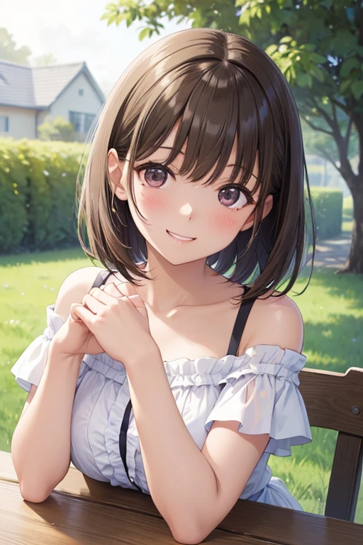 (masterpiece, Premium Quality: 1.2), alone, strong,
One girl: Nene Anegasaki、Shiny brown hair, short hair, Beautiful brown eyes、smile、Sparkling eyes, (Fine grain)、Ultra-detailed eyes、Highly detailed face, Highly detailed eyes,
, One side up, Bobcut,
break shirt, Exposing shoulders, , clavicle, Hair Ribbon, White shirt, Frills, Off the shoulder, Off the shoulderシャツ, Frillsシャツ,
break outdoors, Grin,
break looking at viewer, break (Tabletop:1.2), highest quality, High resolution, unity 8k wallpaper, (figure:0.8), (美しいFine grain:1.6), Highly detailed face, Perfect lighting, Highly detailed CG, (Perfect hands, Perfect Anatomy),